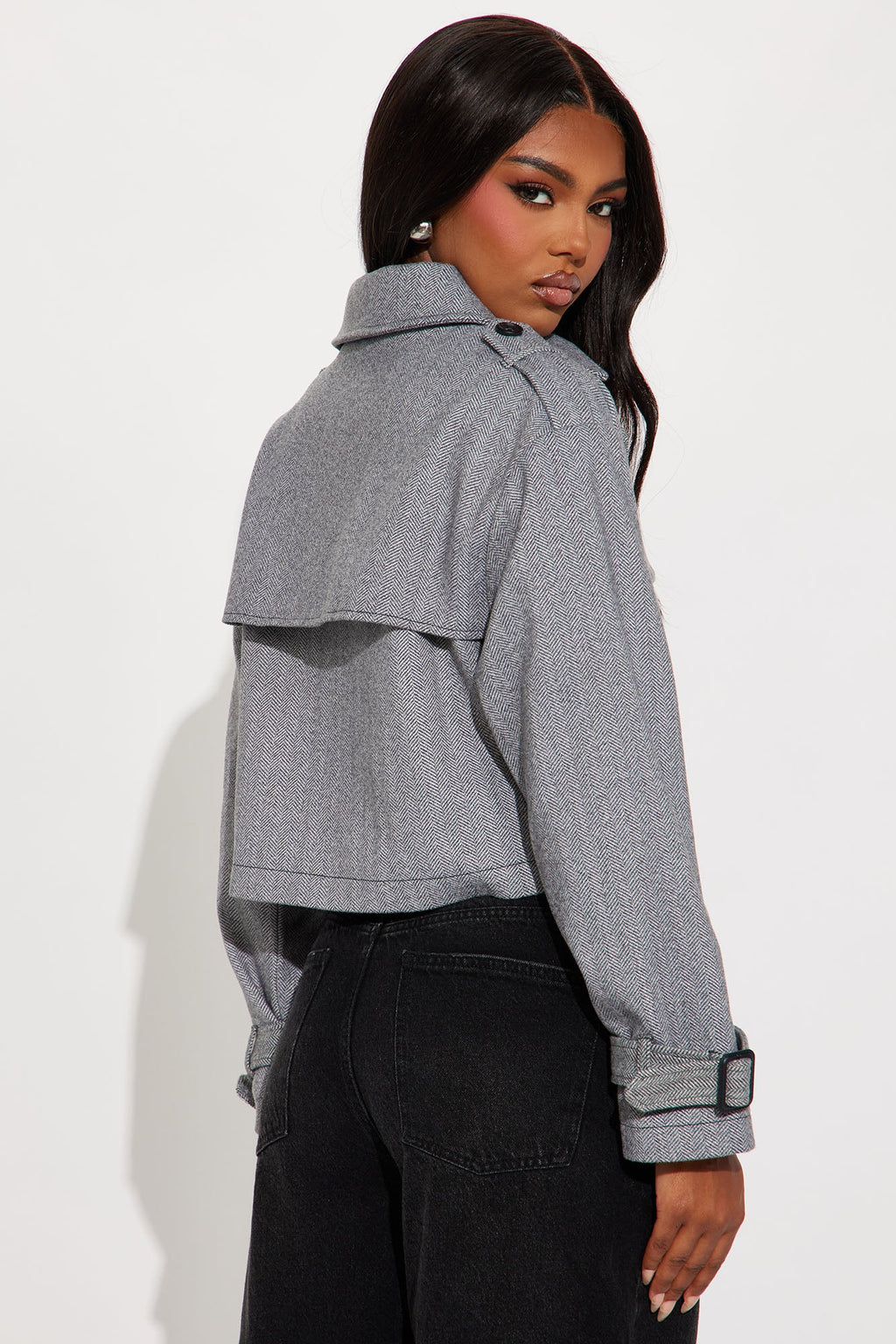 Preppy Chic Plaid Cropped Trench Coat - Black