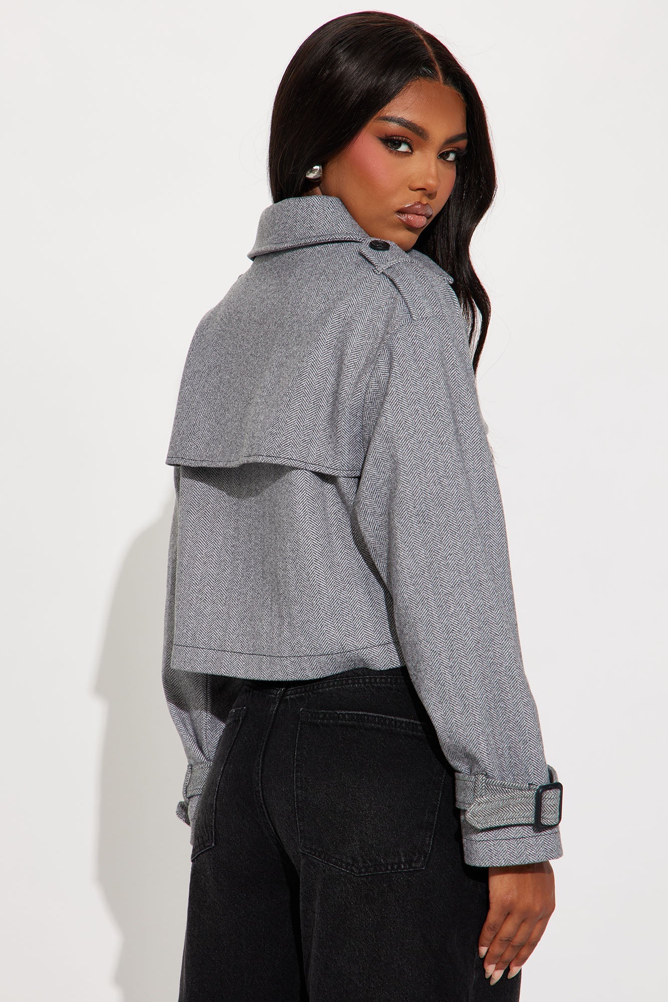 Preppy Chic Plaid Cropped Trench Coat - Black