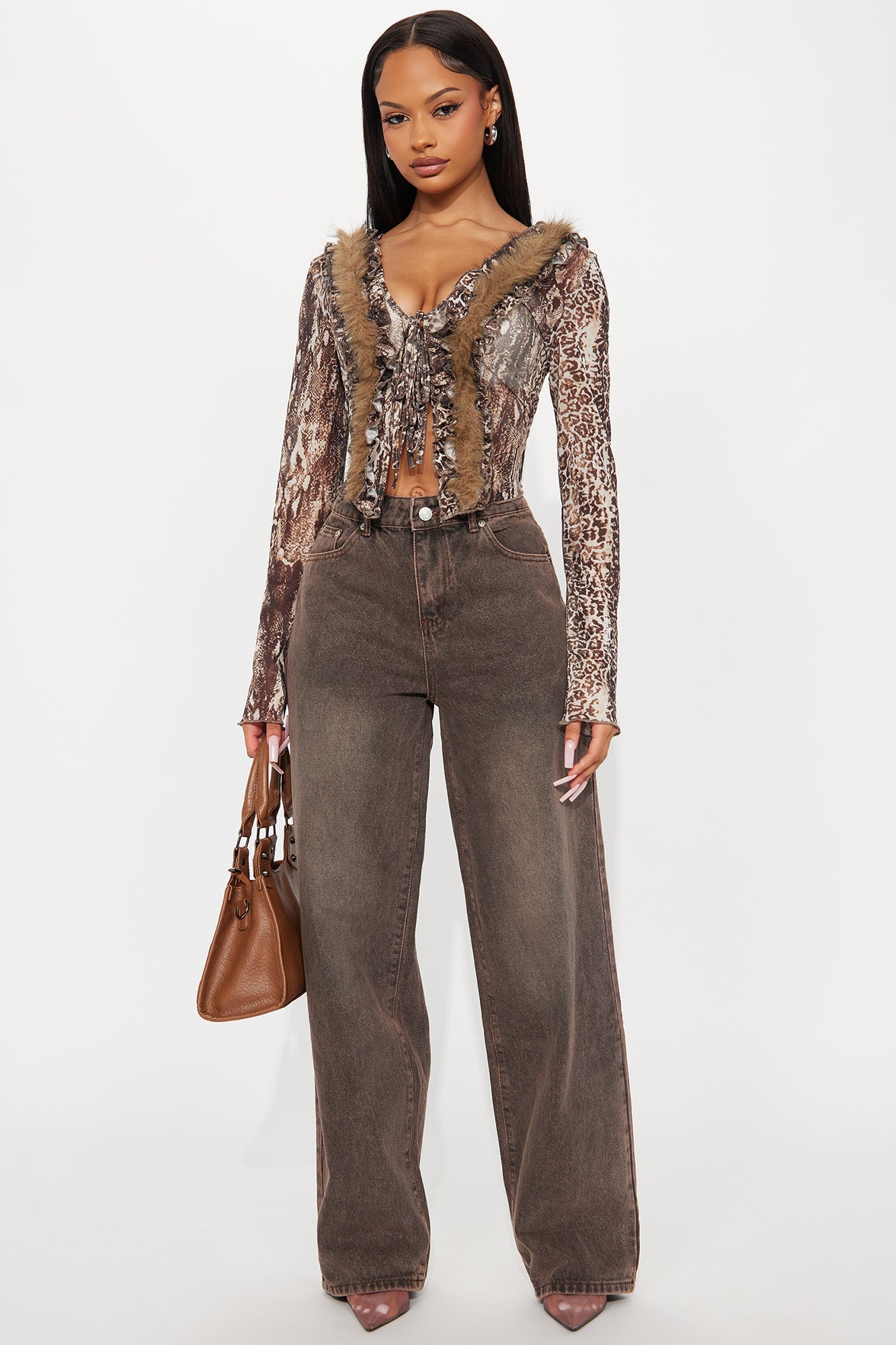 Look At You Go Non Stretch Wide Leg Jeans - Brown