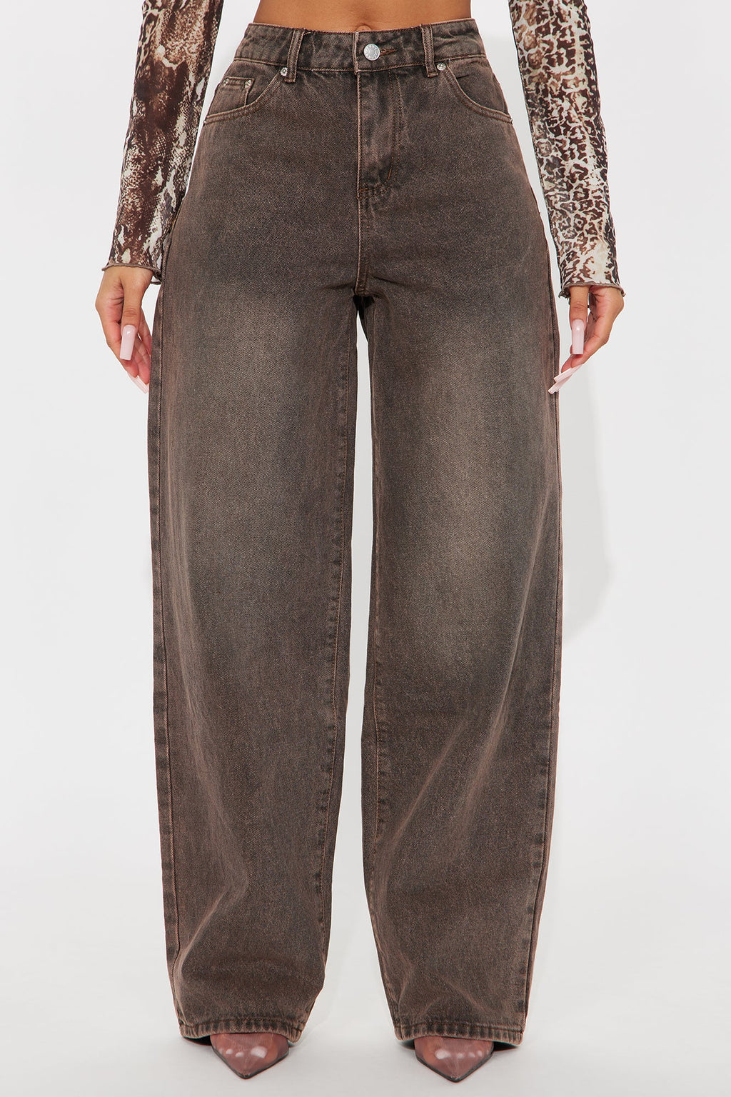 Look At You Go Non Stretch Wide Leg Jeans - Brown