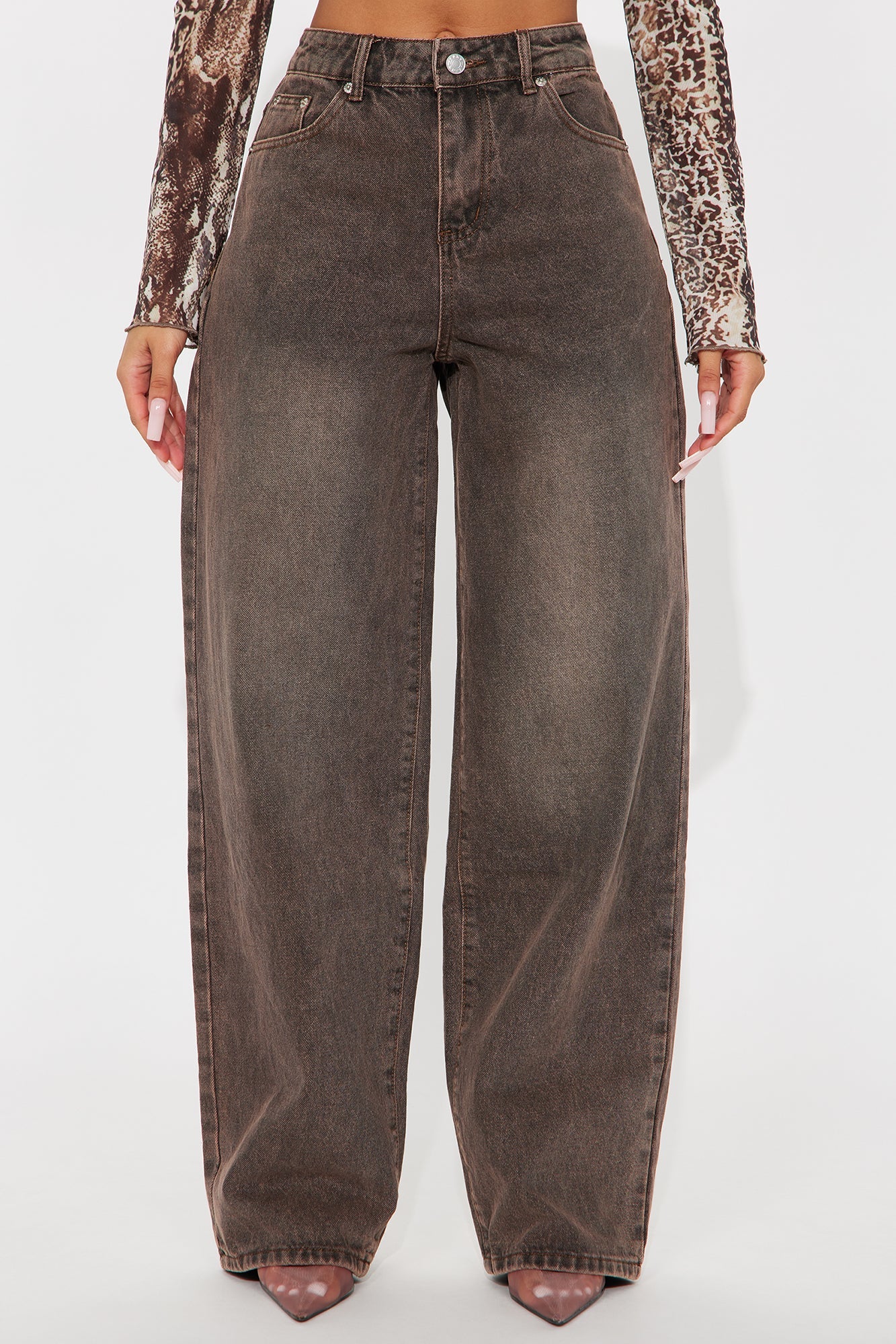 Look At You Go Non Stretch Wide Leg Jeans - Brown