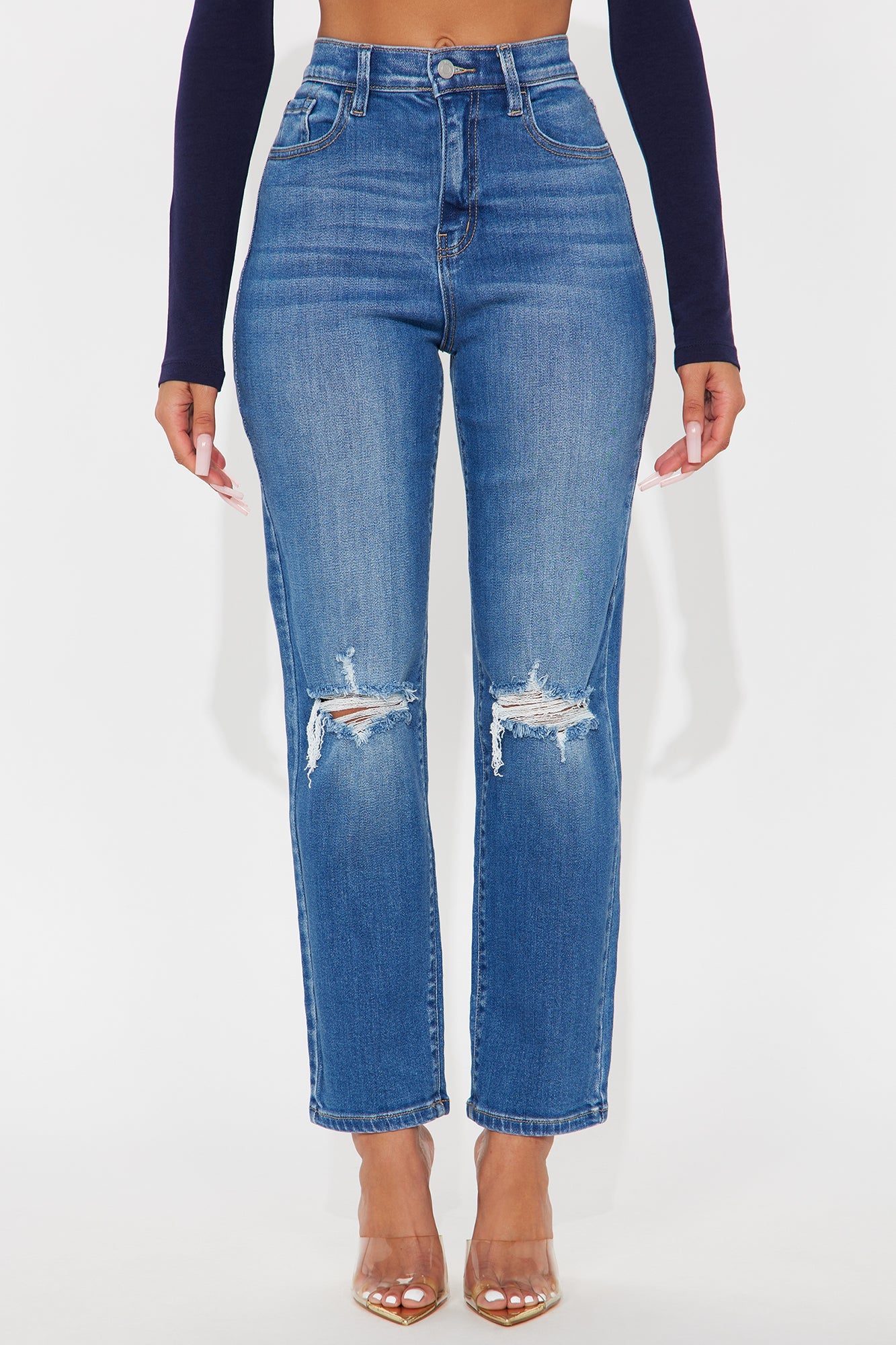 Cordelia Ripped Slim Straight Leg Jeans - Medium Wash