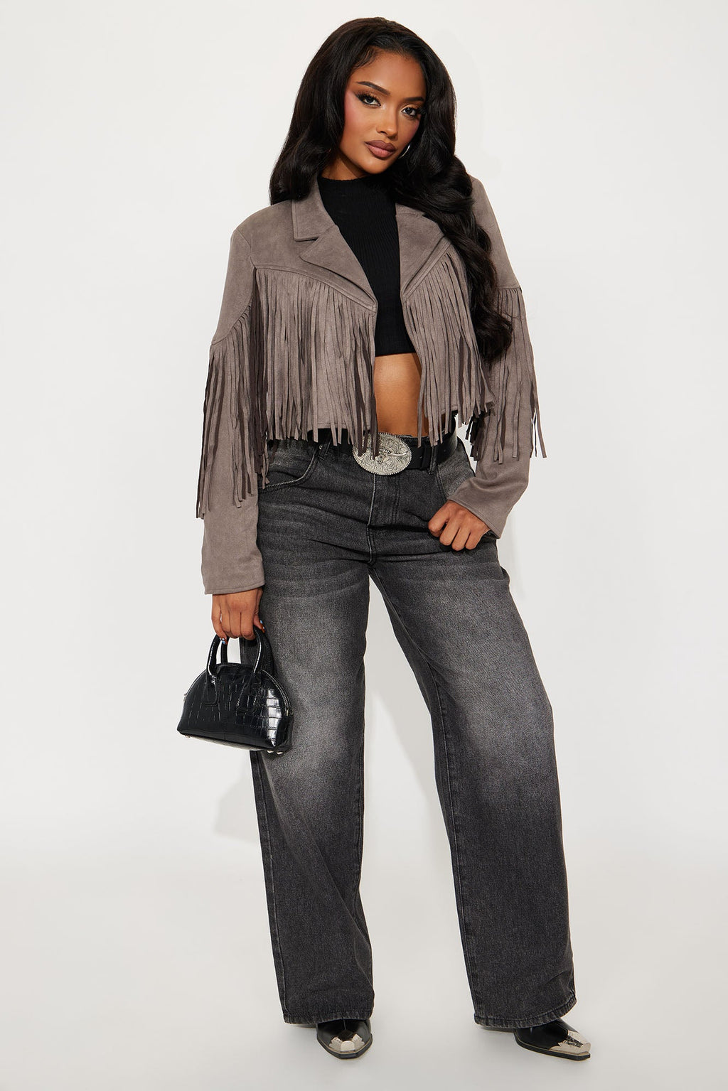 Rodeo Ready Fringe Faux Suede Jacket - Charcoal