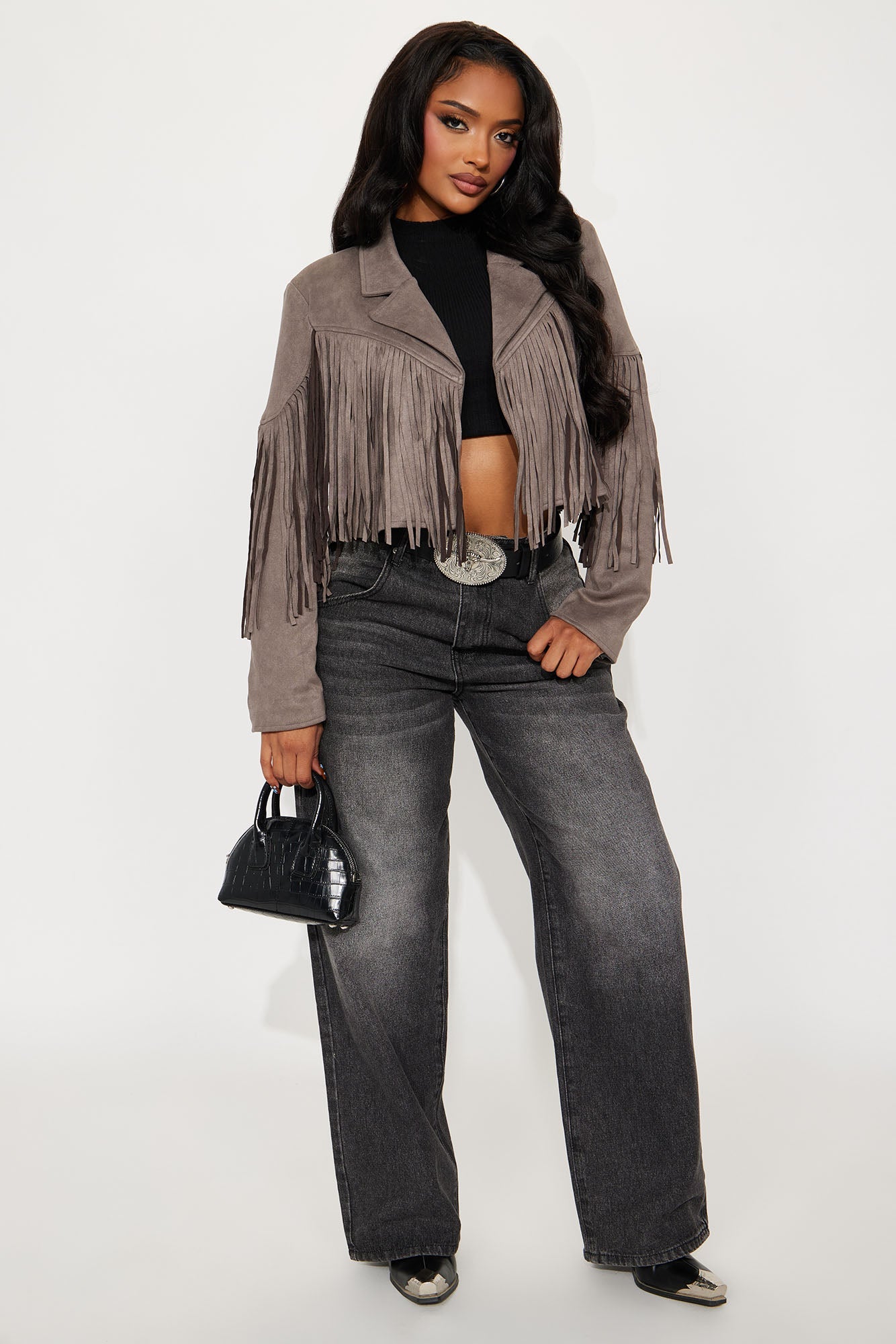Rodeo Ready Fringe Faux Suede Jacket - Charcoal