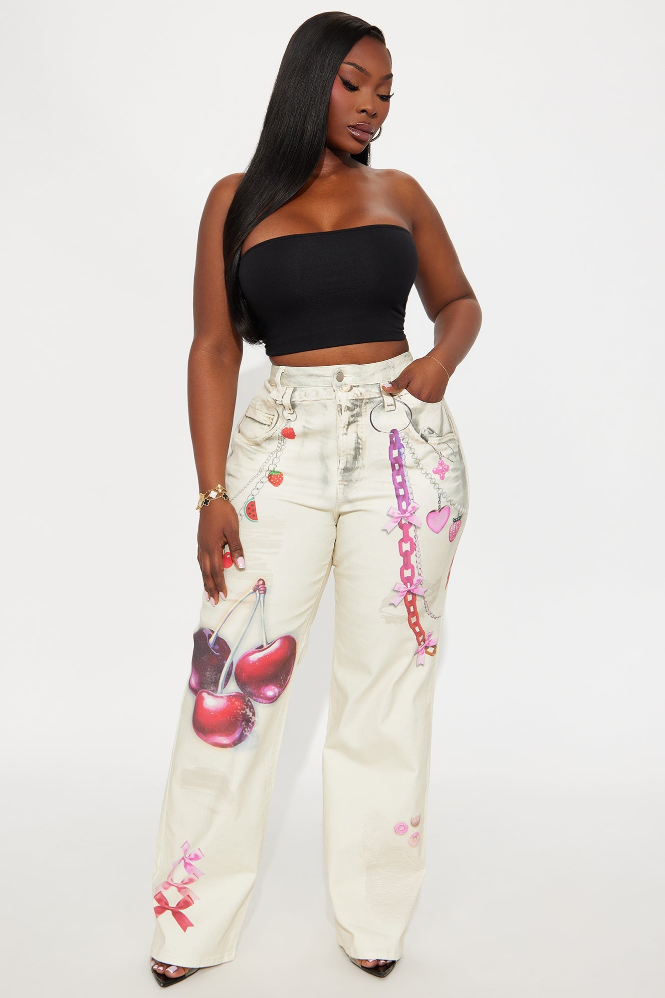 Cherry On Top Printed Wide Leg Jeans - Ivory