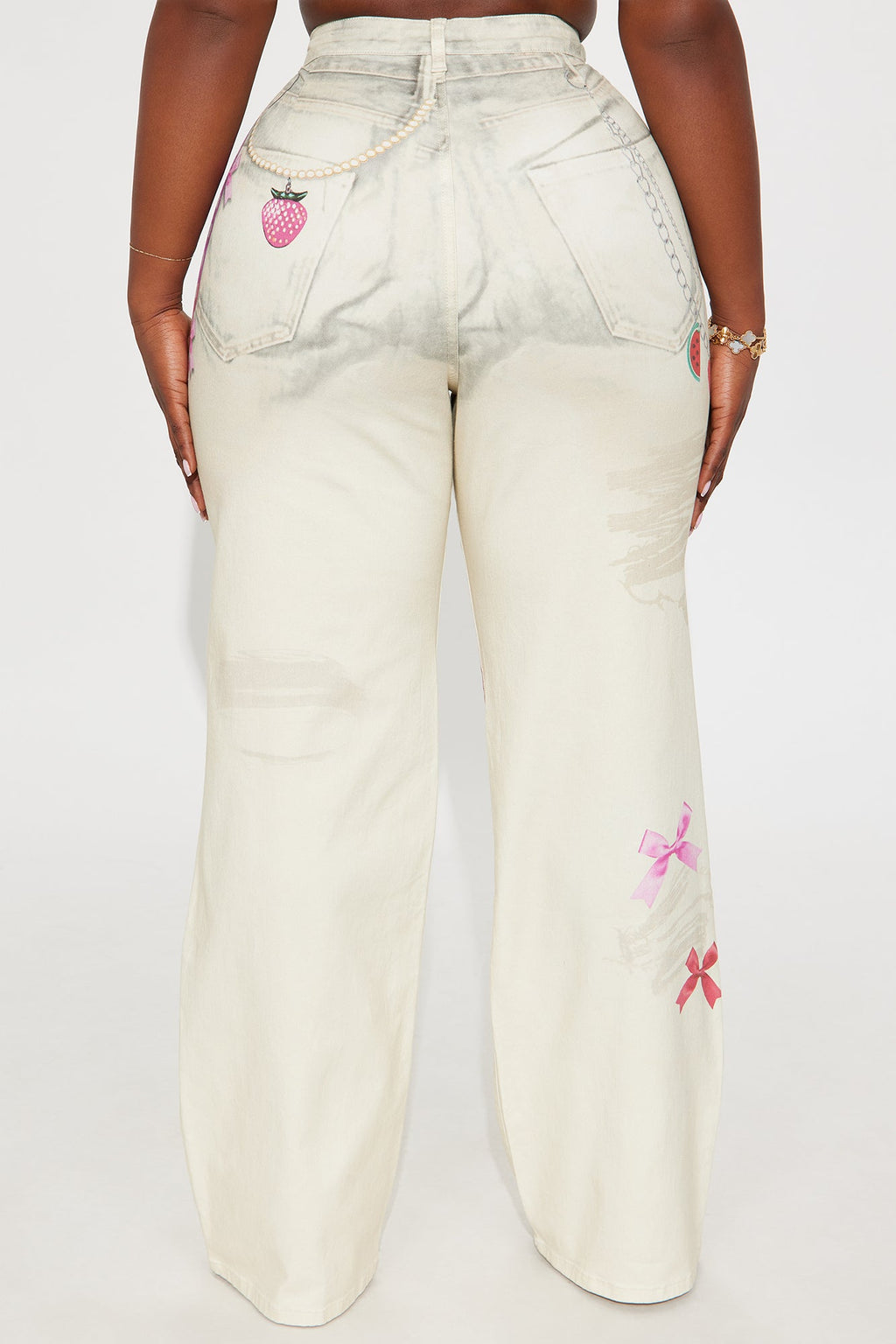 Cherry On Top Printed Wide Leg Jeans - Ivory