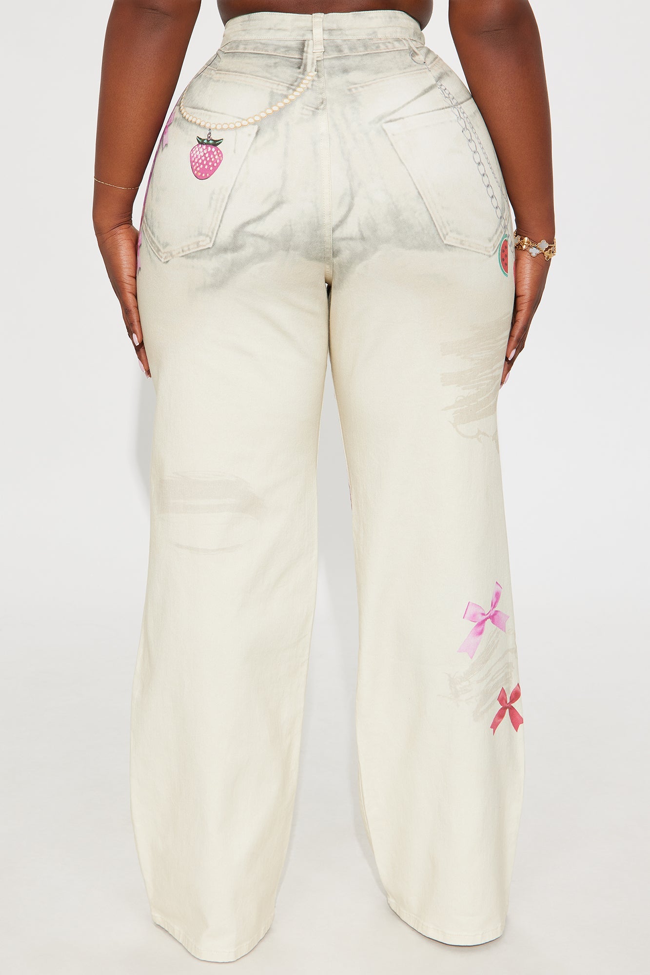 Cherry On Top Printed Wide Leg Jeans - Ivory