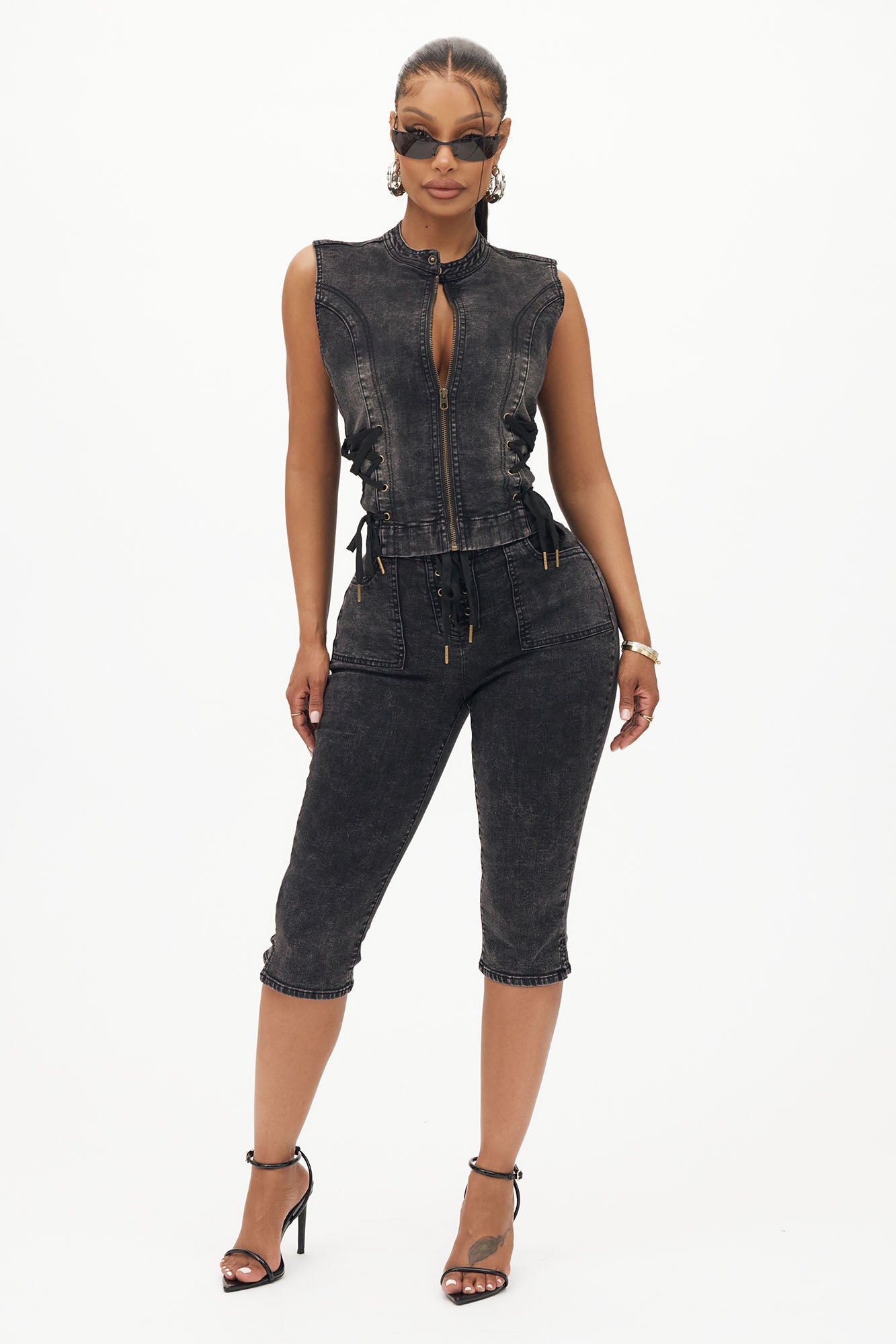 Leveled Up Lace Up Stretch Denim Capris - Black Wash