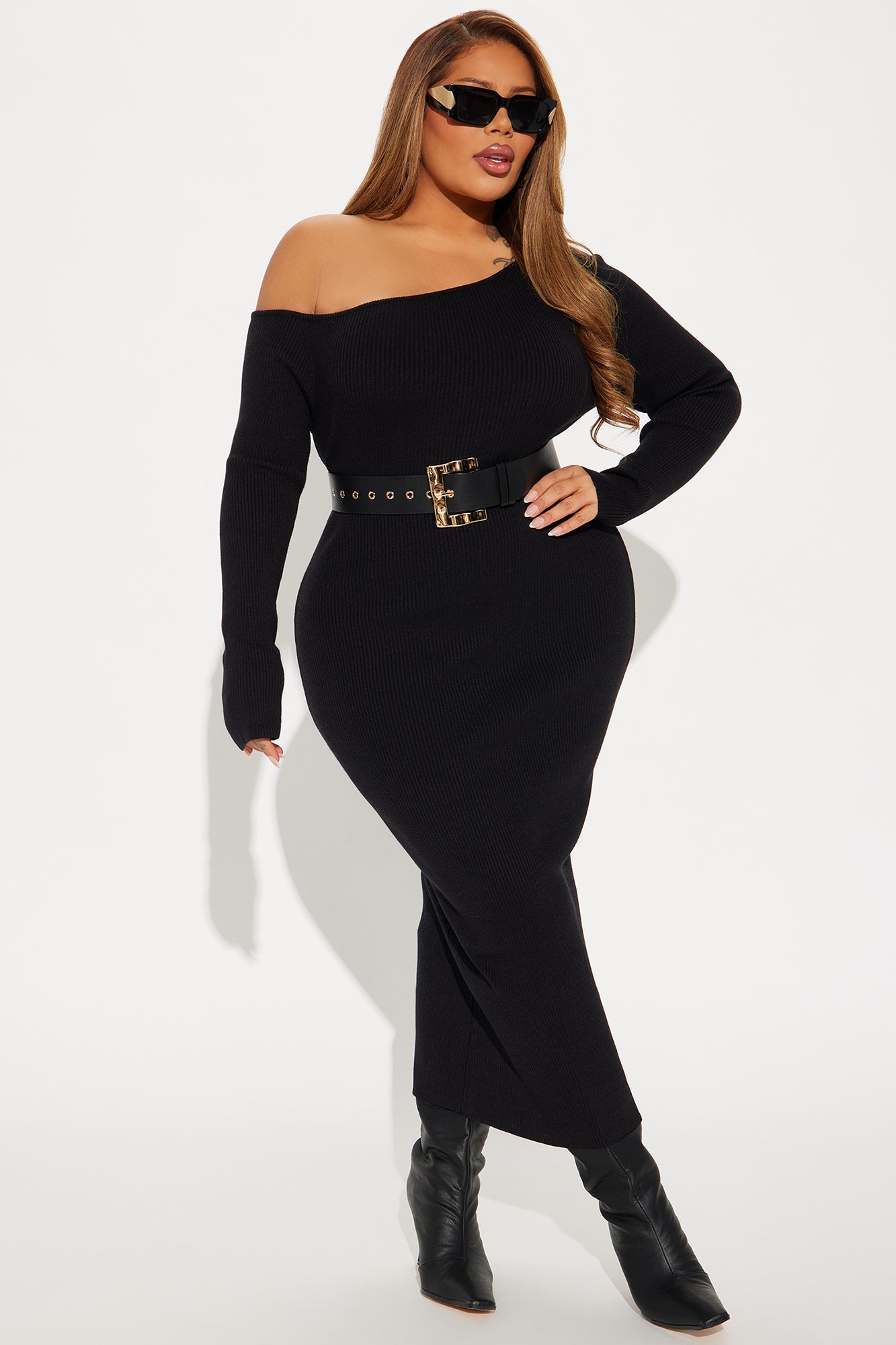 Brianna Belted Sweater Midi Dress - Black