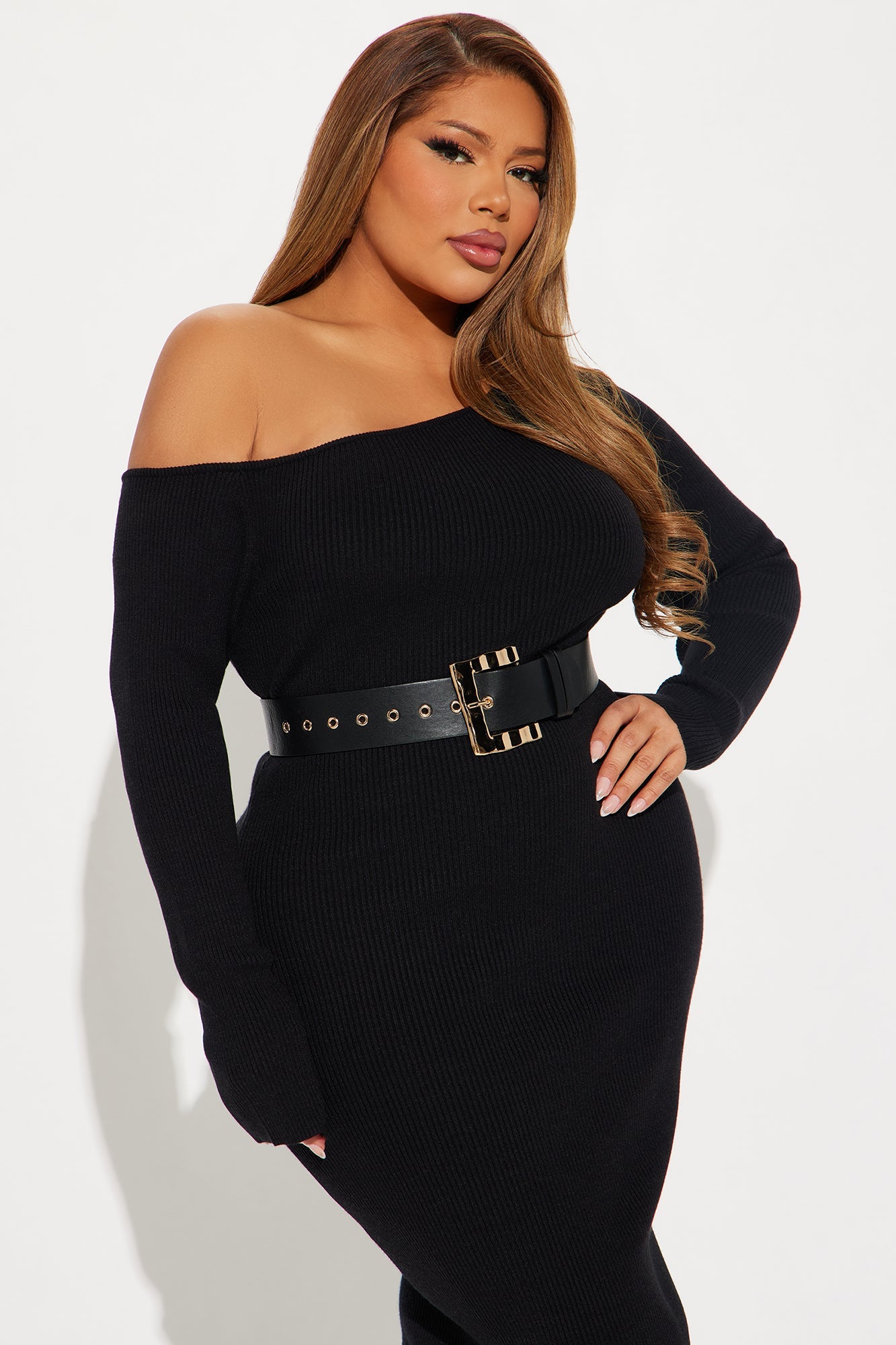 Brianna Belted Sweater Midi Dress - Black
