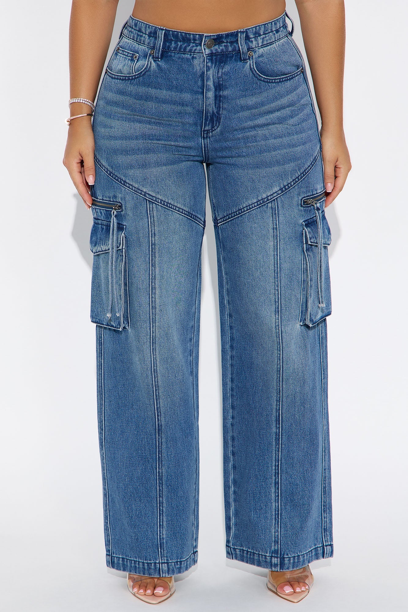 Petite Devil In Disguise Cargo Straight Leg Jeans - Medium Wash