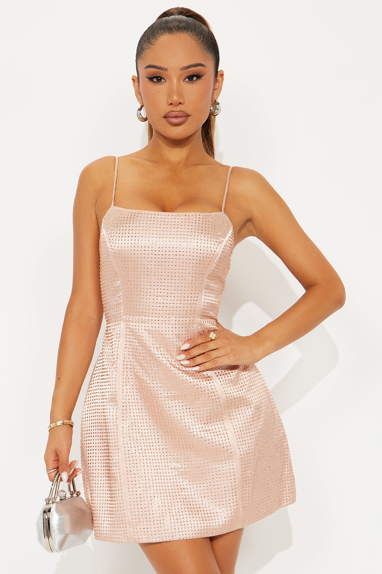 Grand Entrance Rhinestone Satin Mini Dress - Champagne