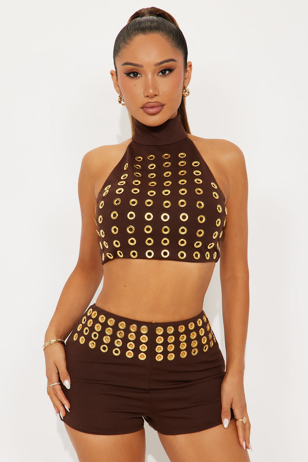 Baddie Grommet Micro Short Set - Brown