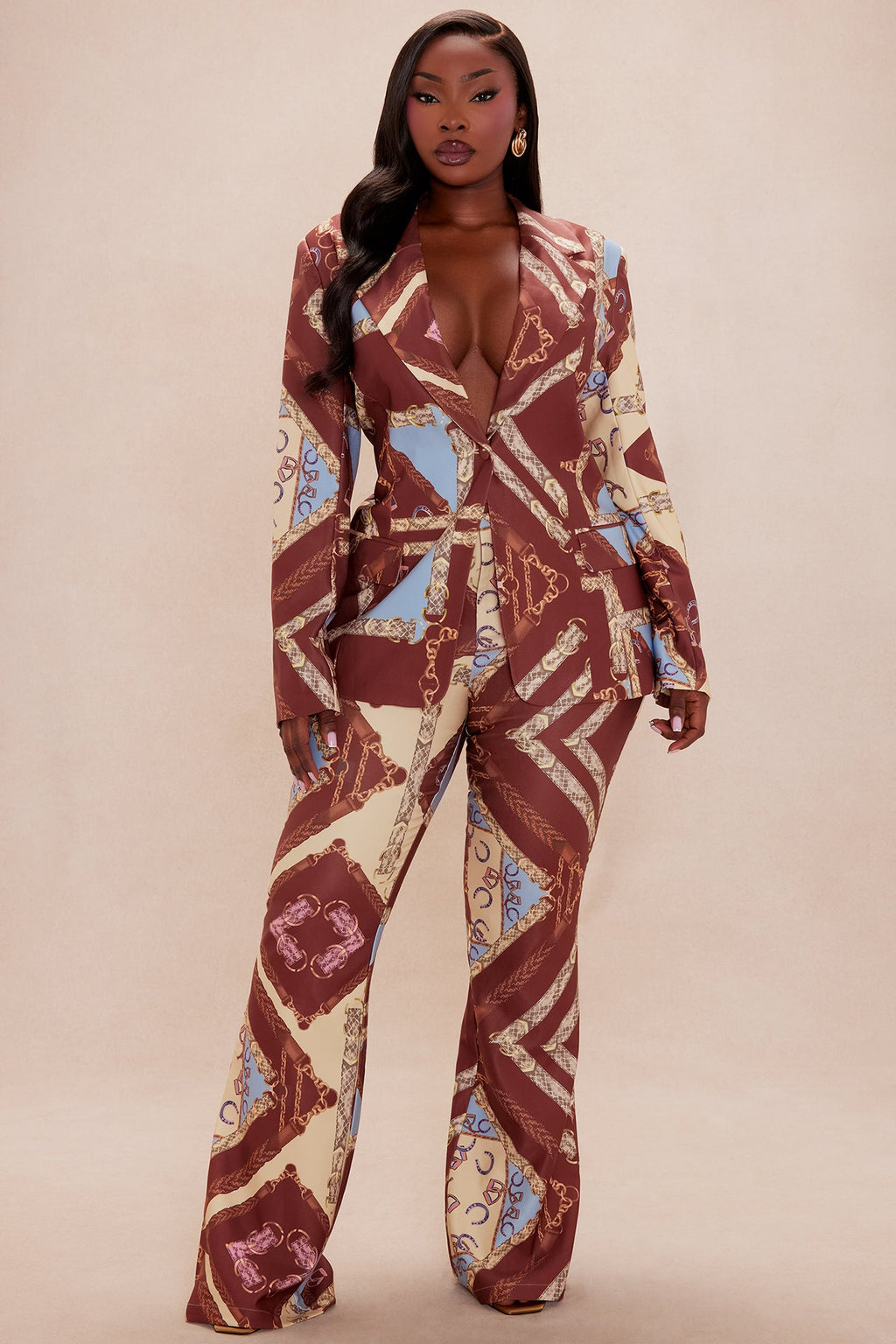 Paula Blazer Pant Suit Set - Brown/combo