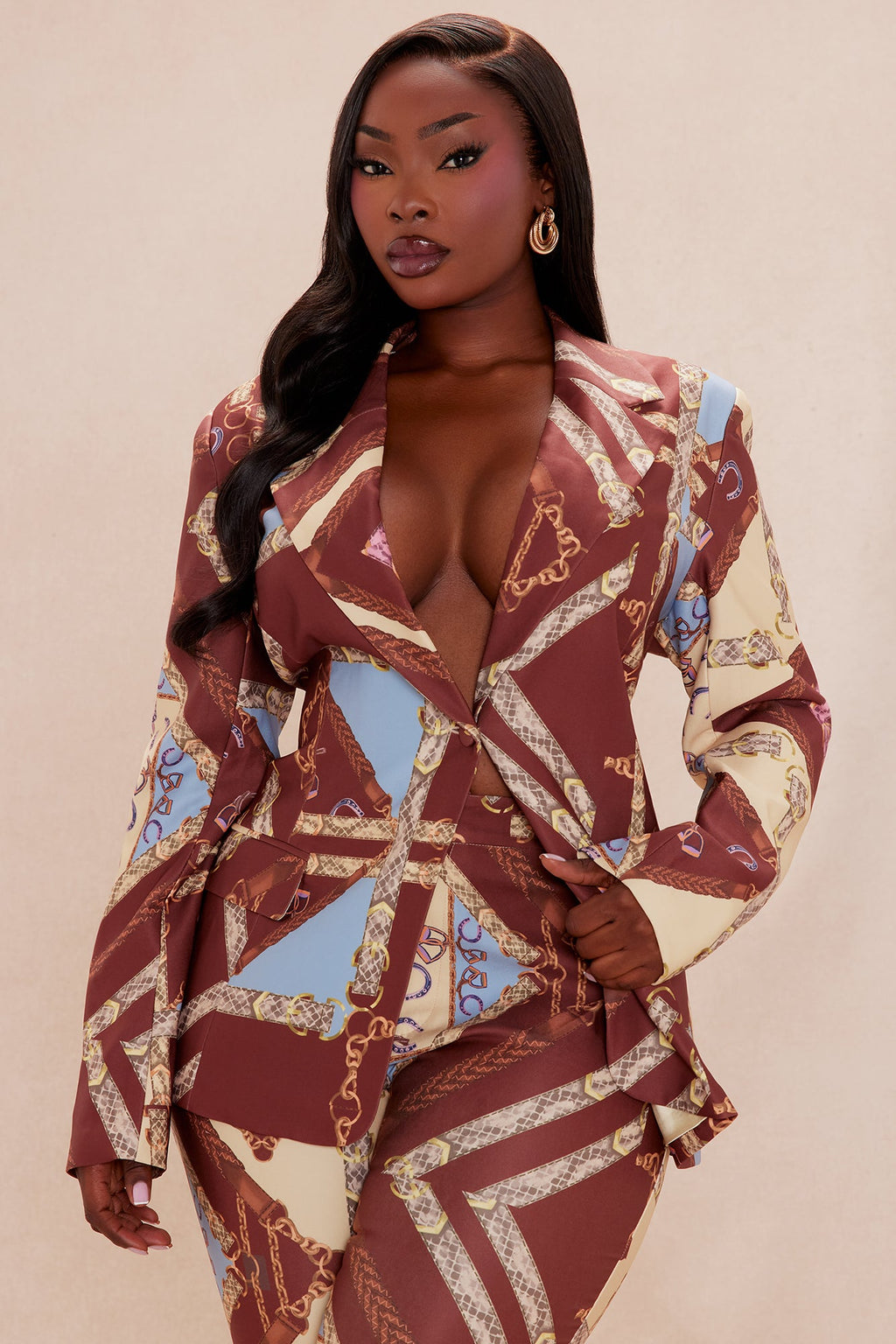 Paula Blazer Pant Suit Set - Brown/combo