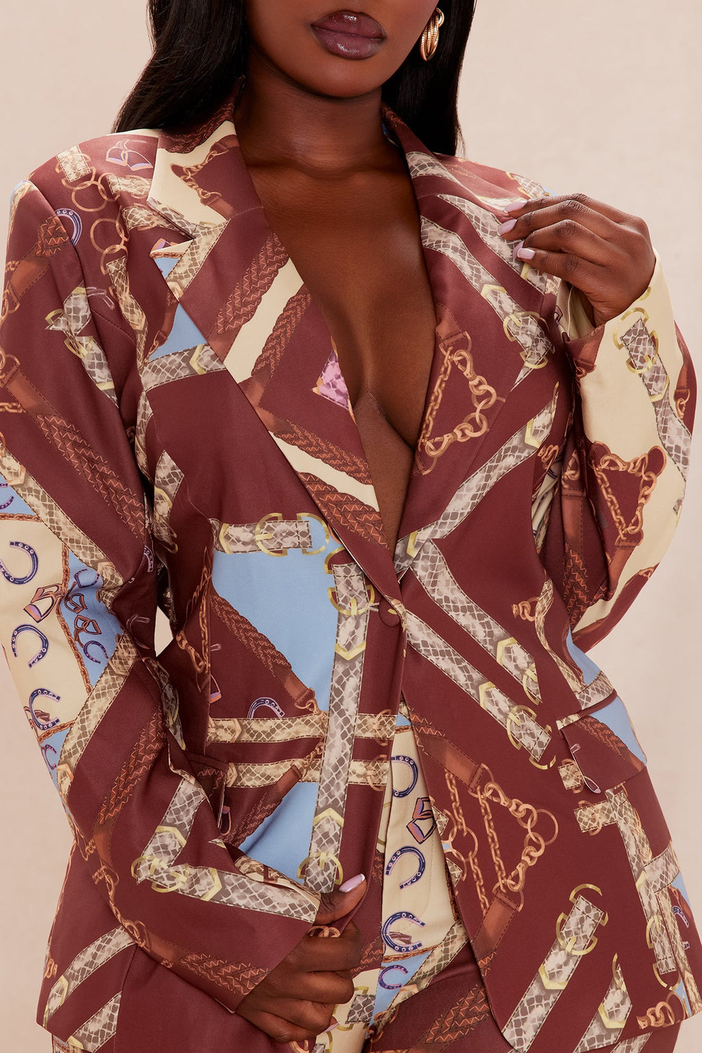 Paula Blazer Pant Suit Set - Brown/combo