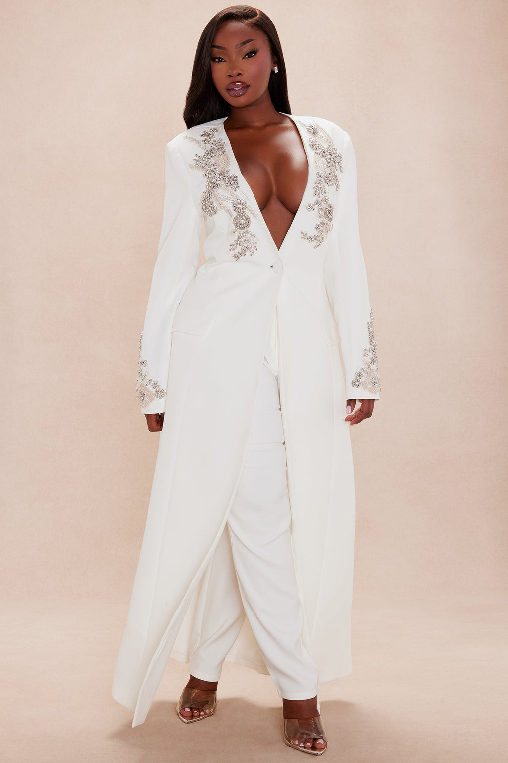 Gracelyn Embellished Maxi Blazer Suit Set - White