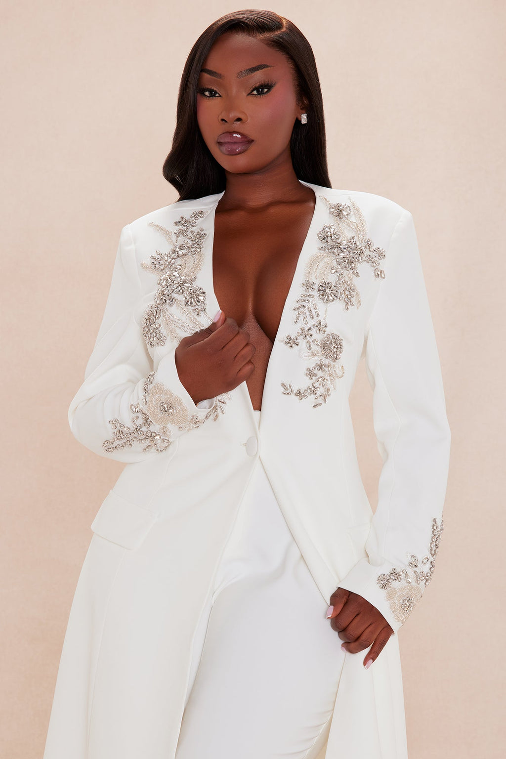 Gracelyn Embellished Maxi Blazer Suit Set - White