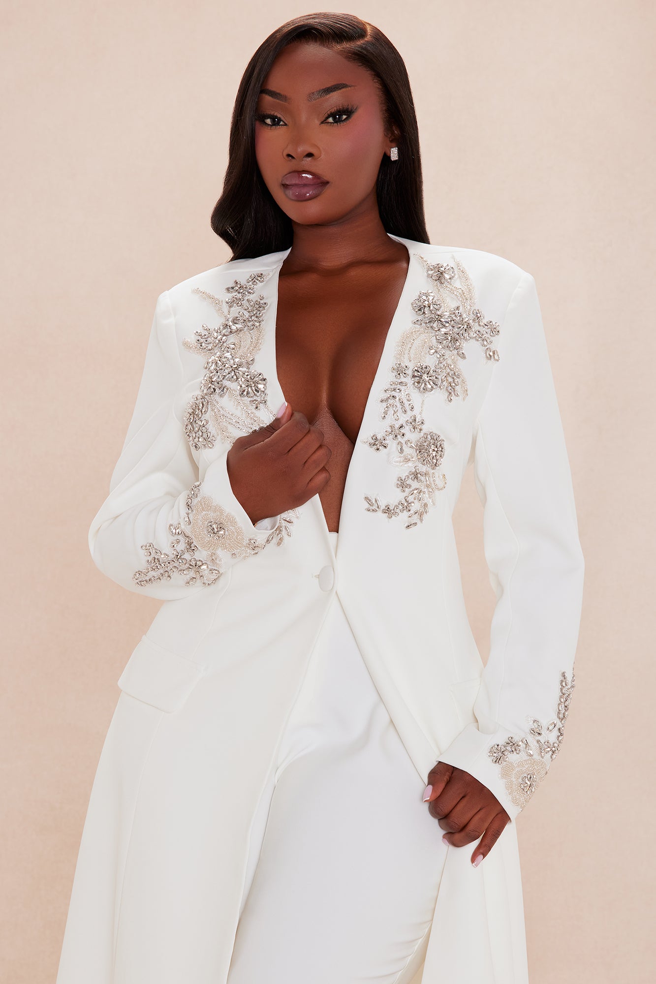 Gracelyn Embellished Maxi Blazer Suit Set - White