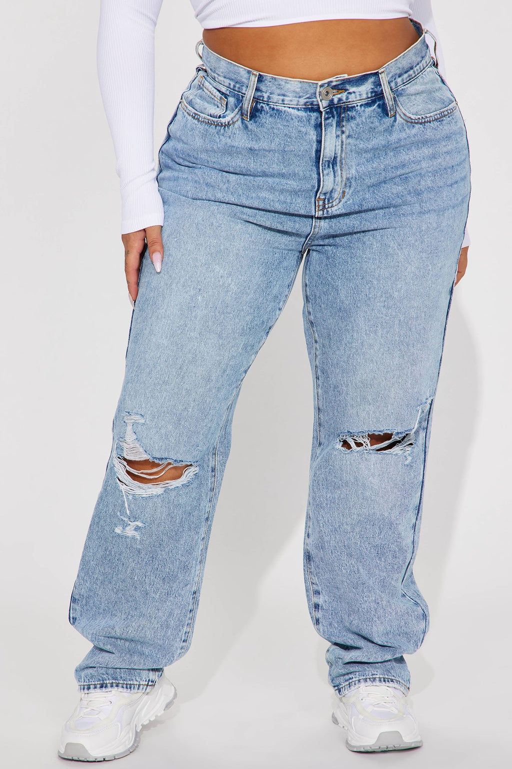 Only One Non Stretch Ripped Straight Leg Jean - Medium Wash