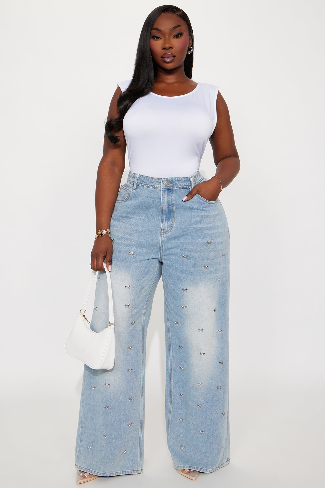 Emery Embellished Bow Straight Leg Jeans - Light Wash
