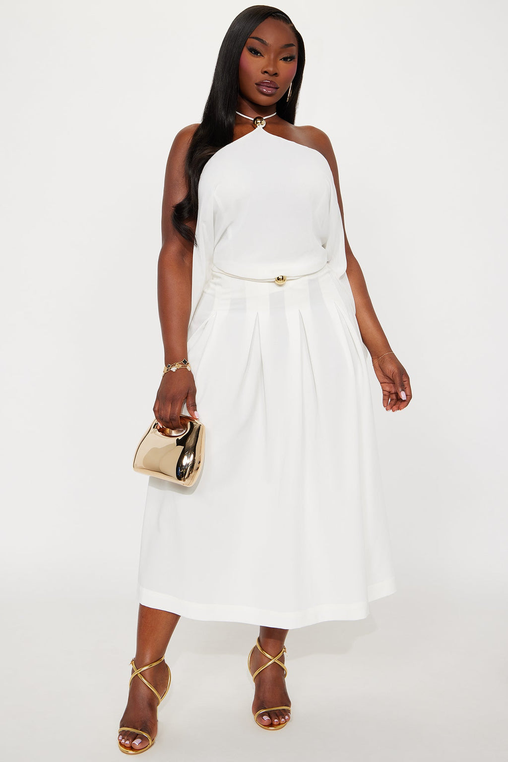 Standing On Business Pleated Midi Skirt - White