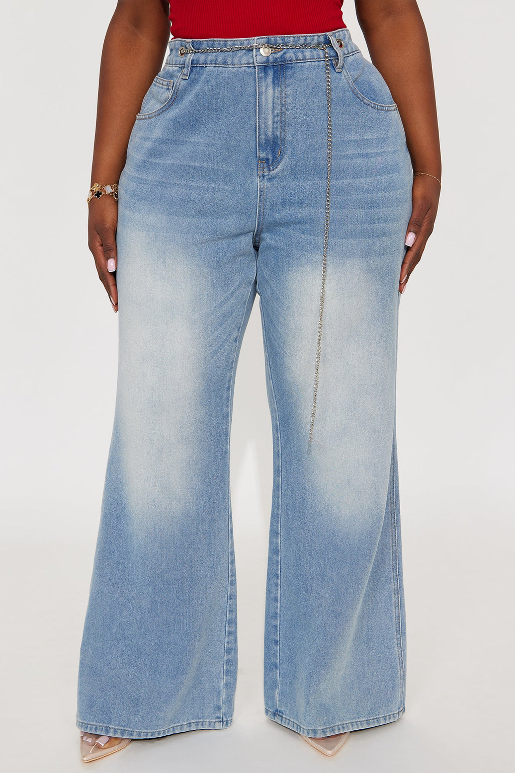 Linked Up Belted Wide Leg Jeans - Light Wash