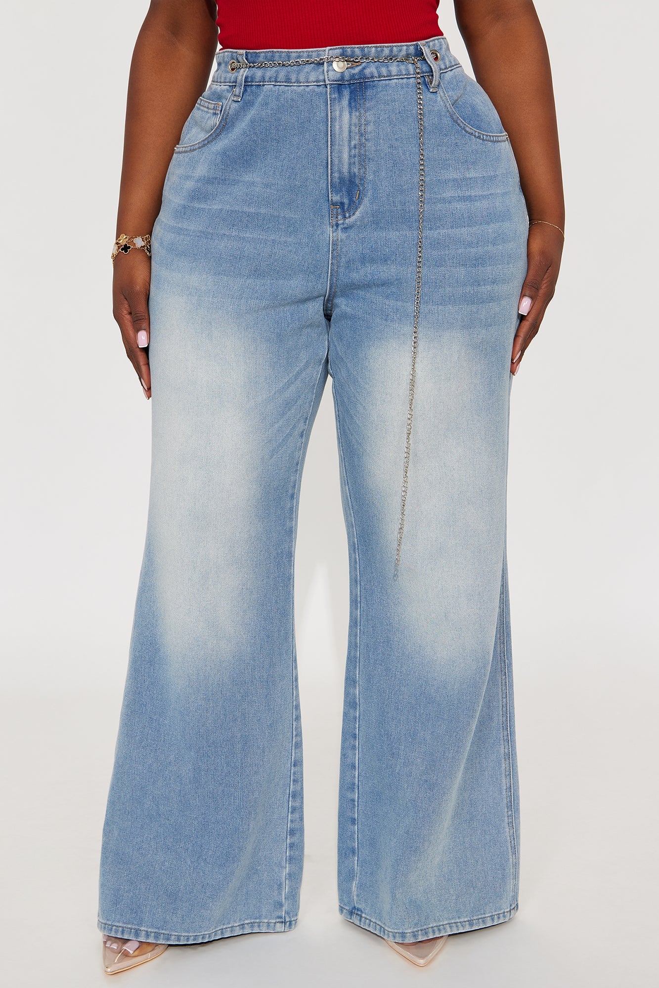 Linked Up Belted Wide Leg Jeans - Light Wash