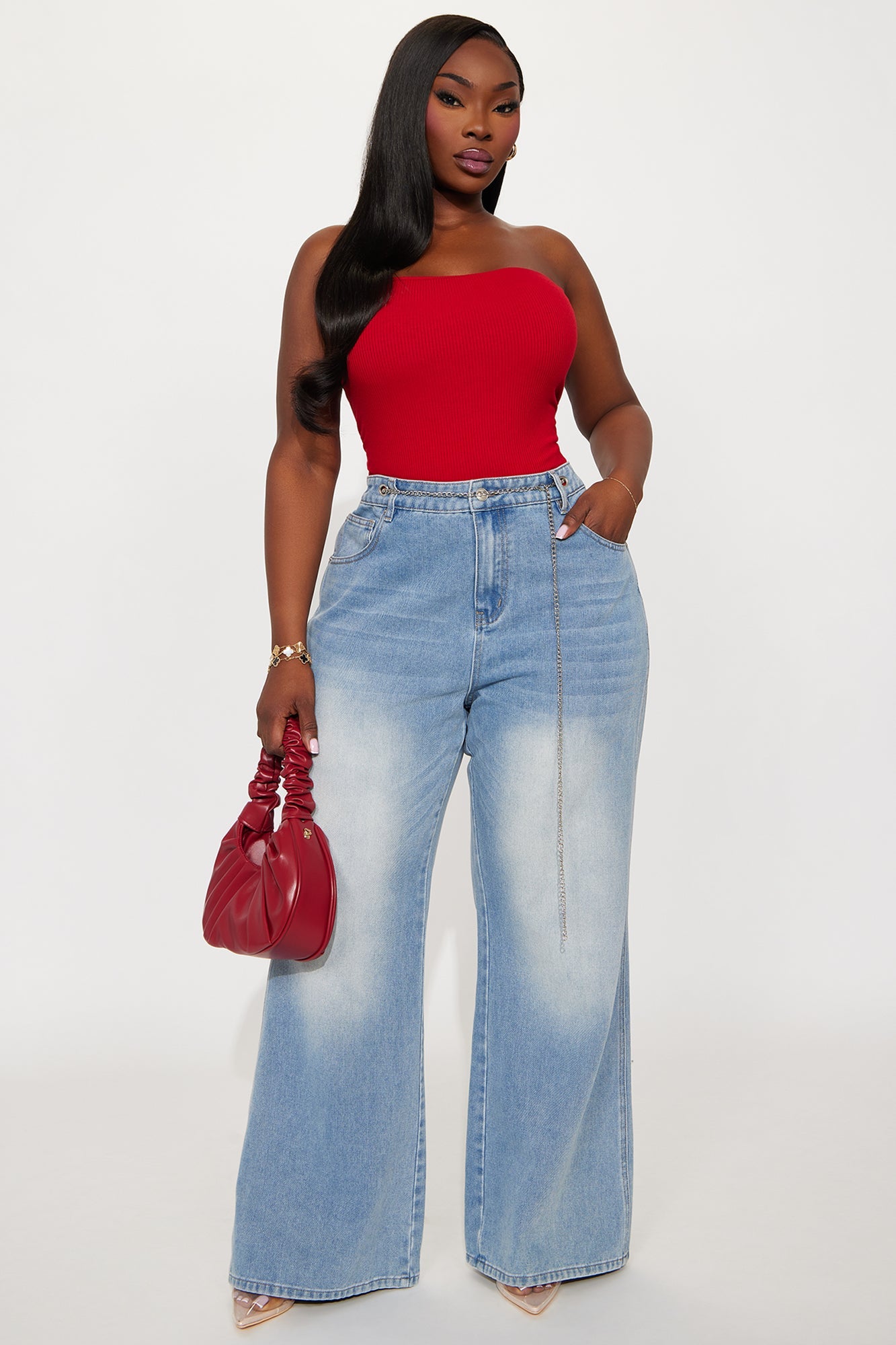 Linked Up Belted Wide Leg Jeans - Light Wash