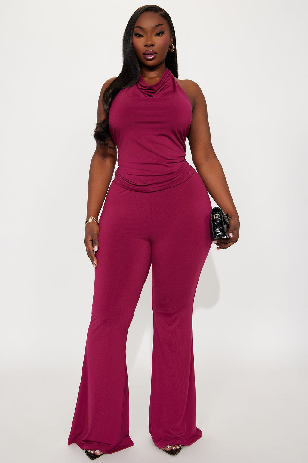 Alana Venezia Halter Top Flare Leg Pant Set - Burgundy