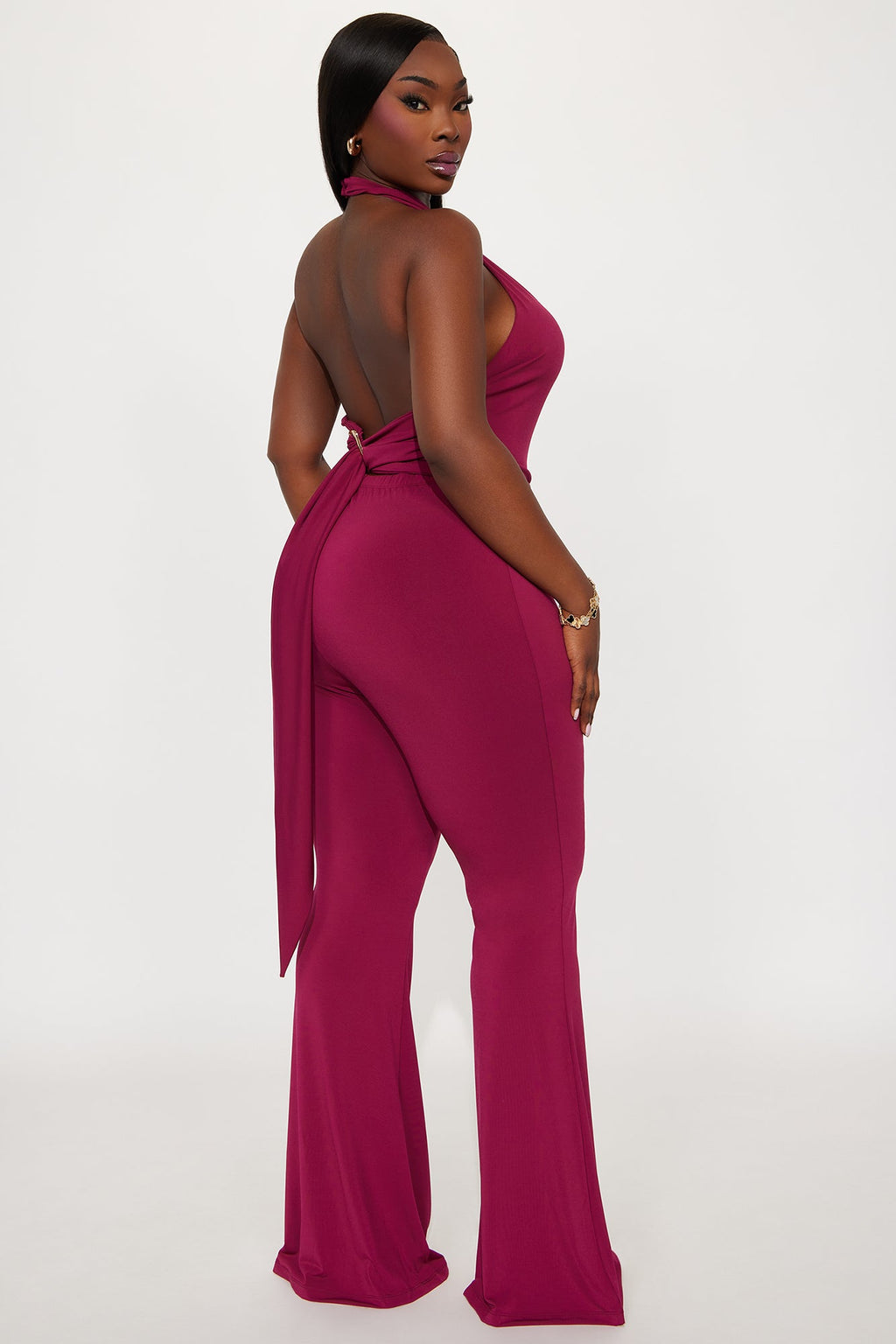 Alana Venezia Halter Top Flare Leg Pant Set - Burgundy