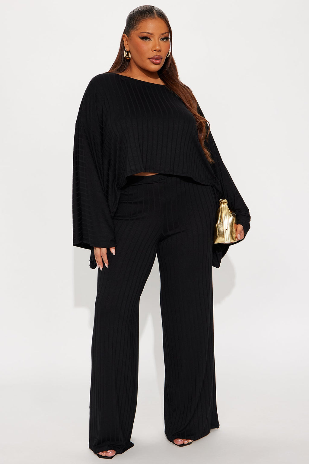 Come Find Me Ribbed Cropped Top Pant Set - Black