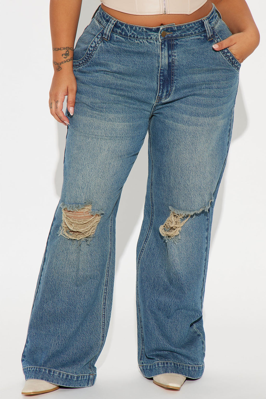How It Goes Ripped Wide Leg Jeans - Vintage Wash