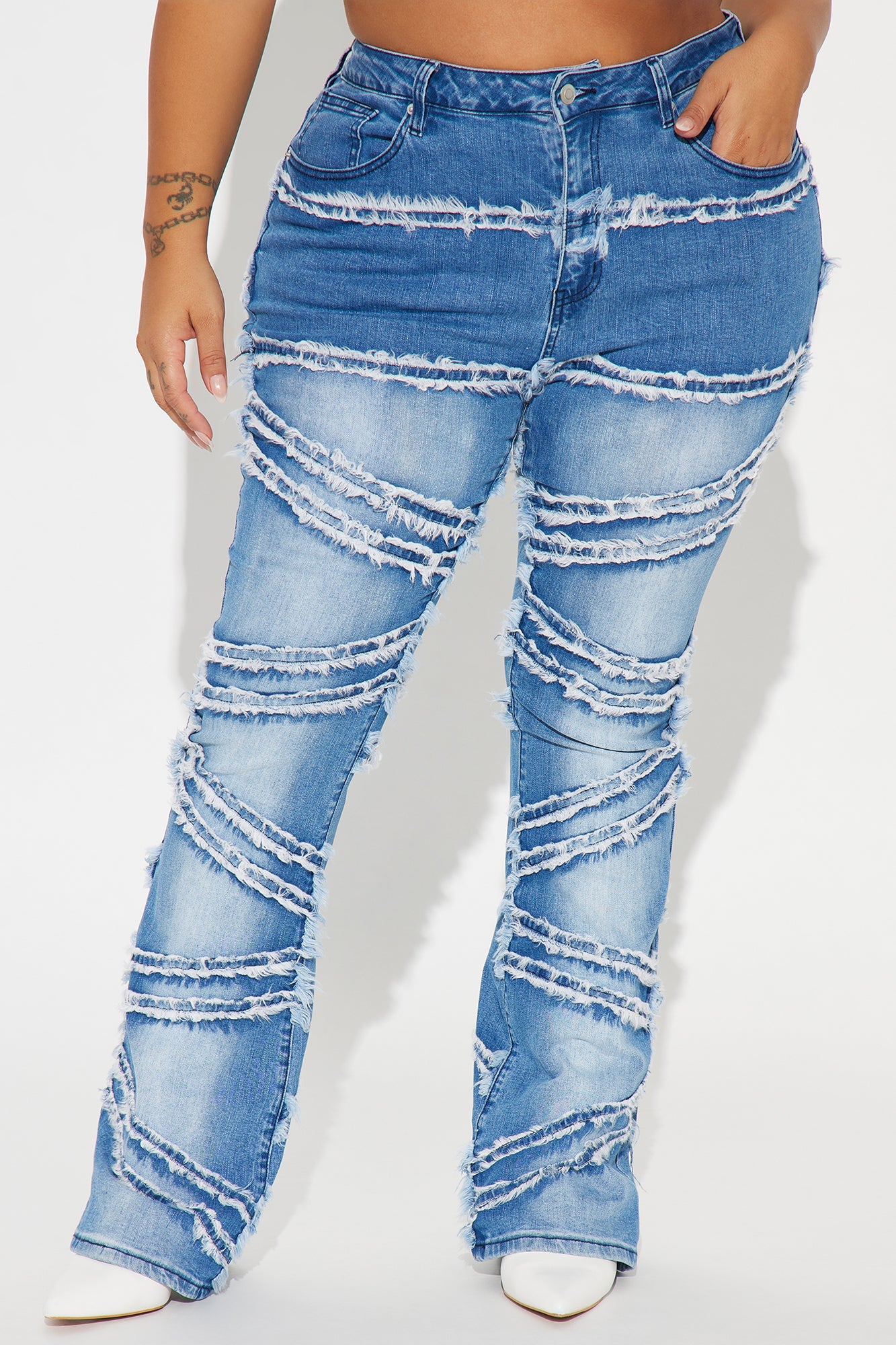 Making A Point Stretch Fray Flare Jeans - Medium Wash