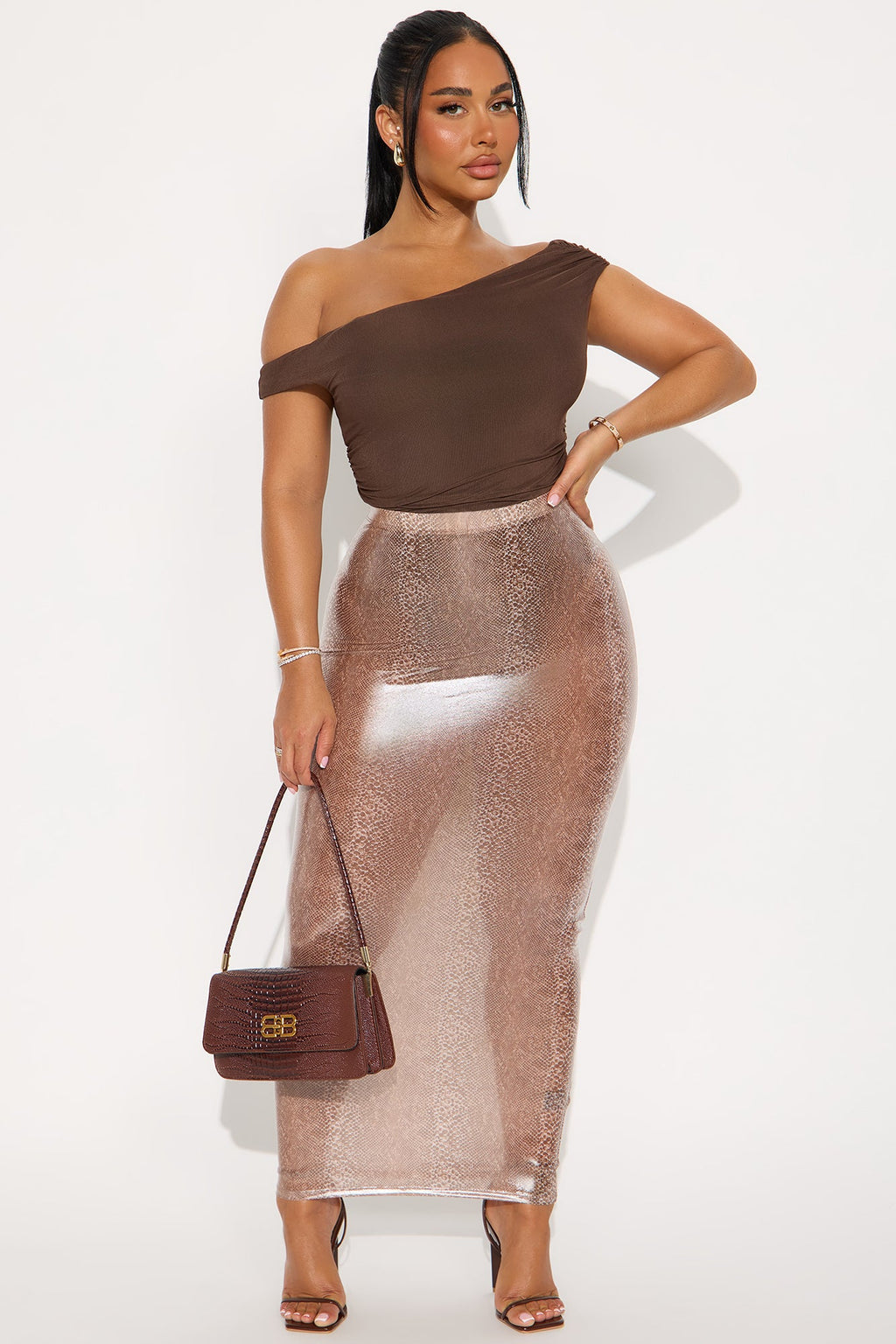 Minding Mine Latex Snakeskin Maxi Skirt - Brown/combo