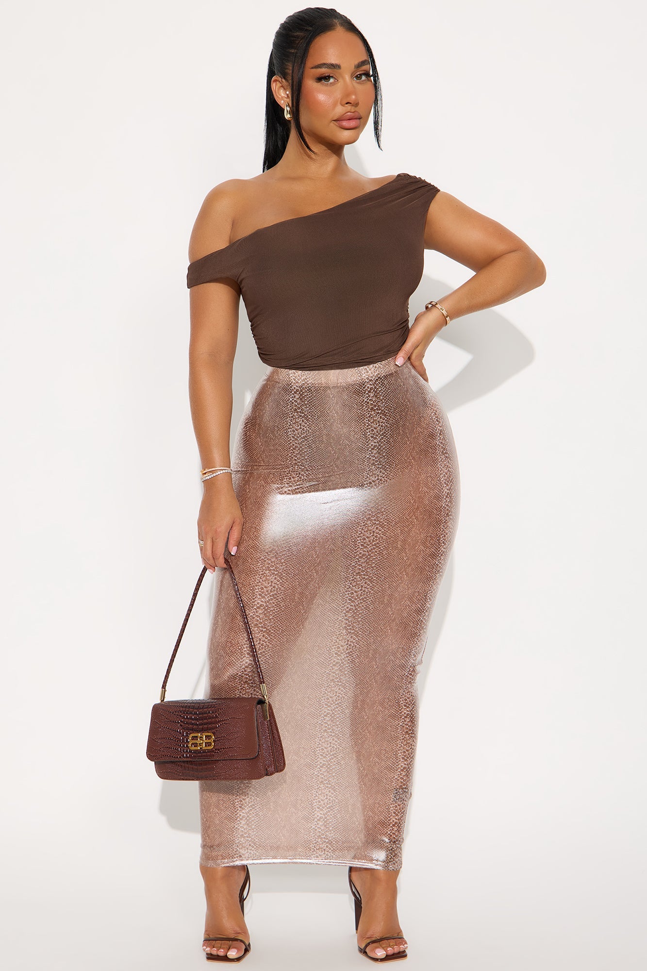 Minding Mine Latex Snakeskin Maxi Skirt - Brown/combo