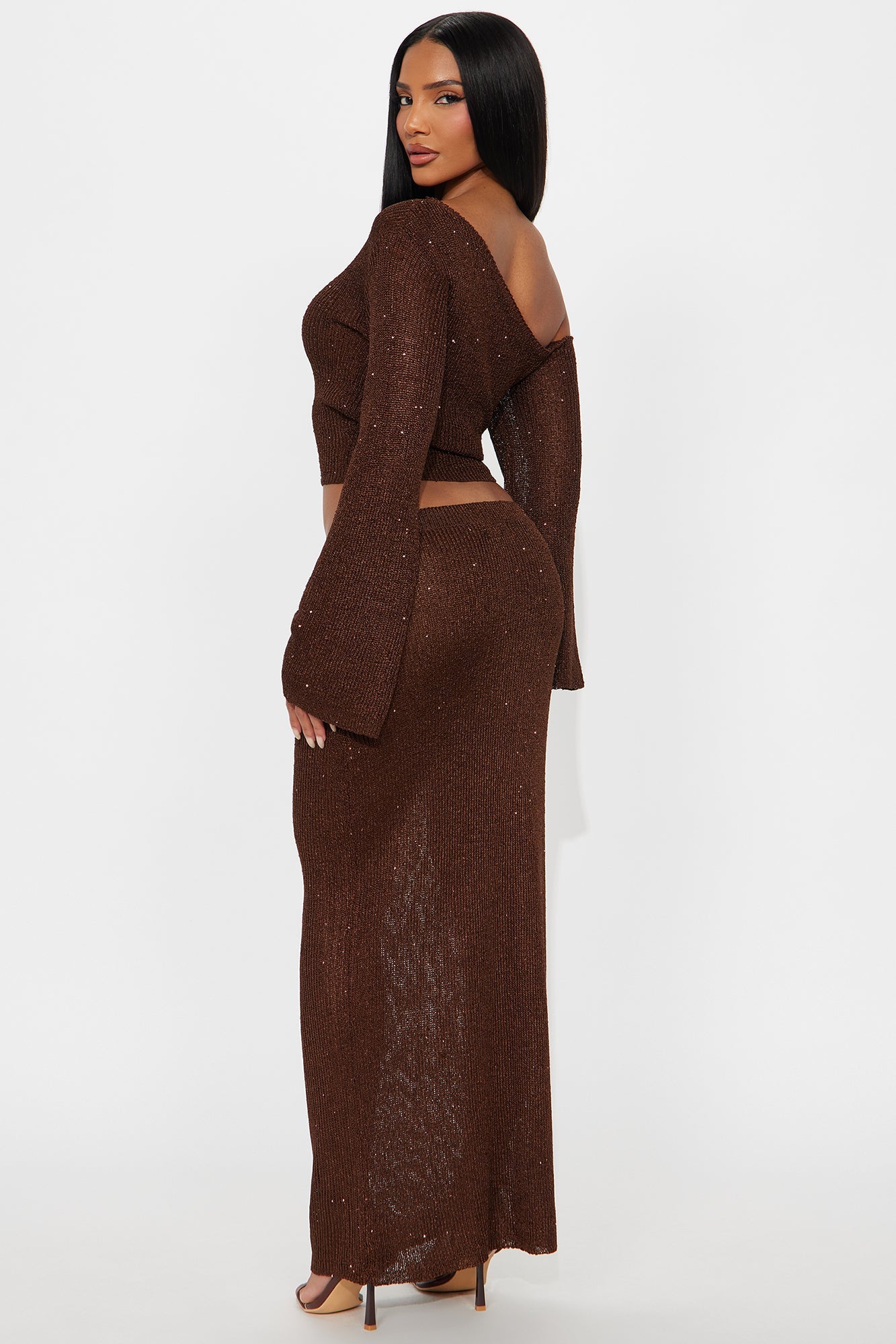 Layered In Love Embellished Sweater Maxi Skirt Set - Chocolate