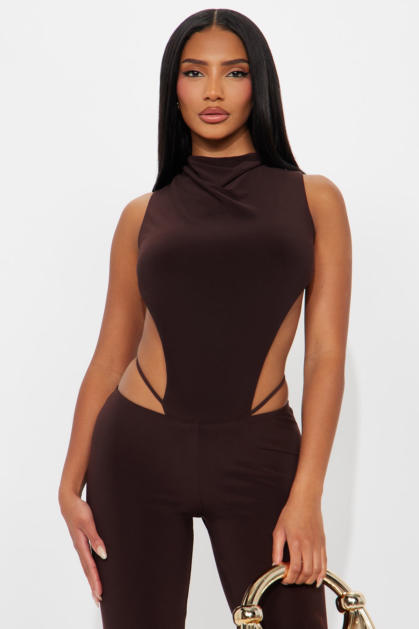 Power Play Backless Bodysuit Pant Set - Chocolate