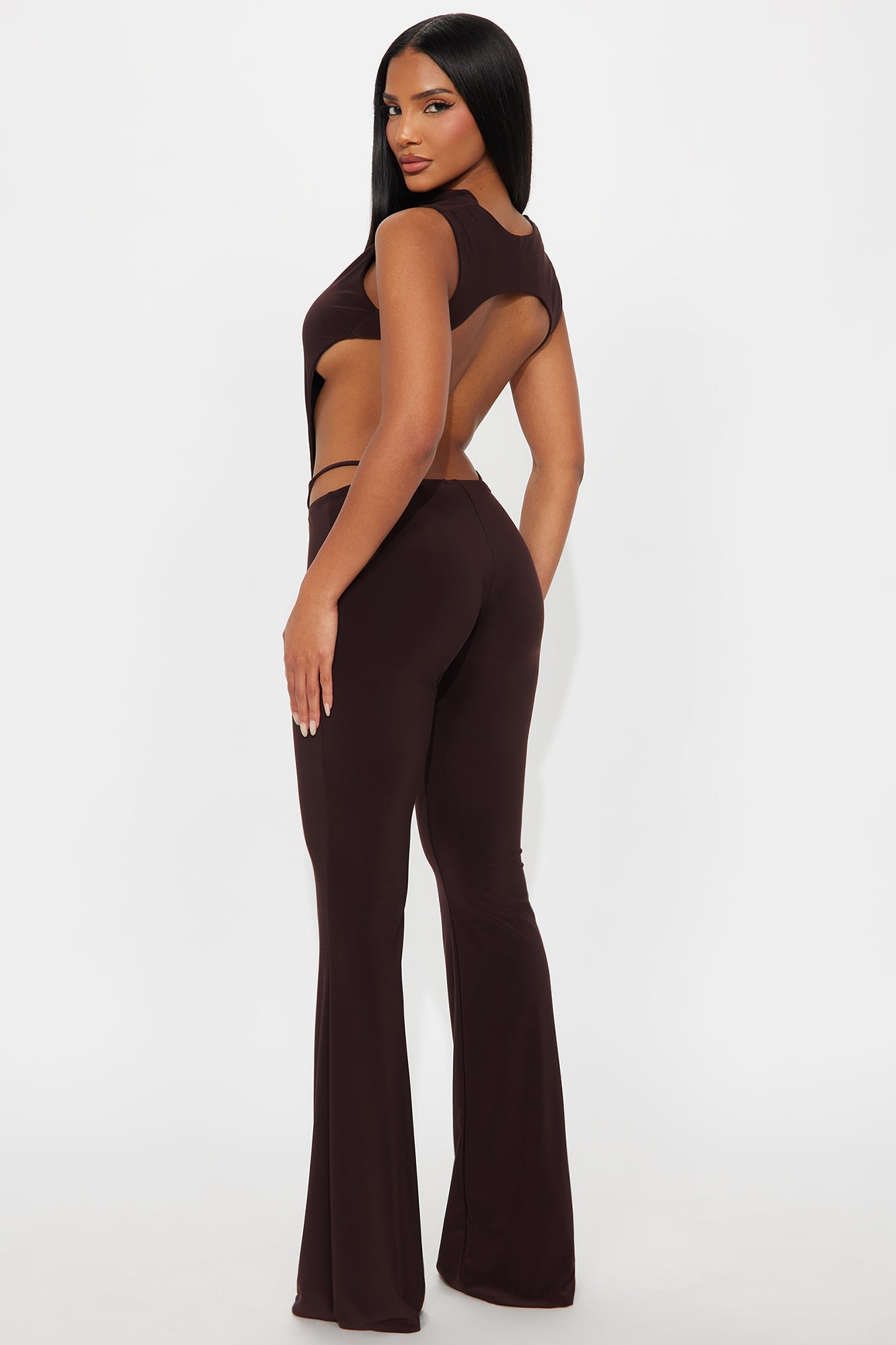 Power Play Backless Bodysuit Pant Set - Chocolate