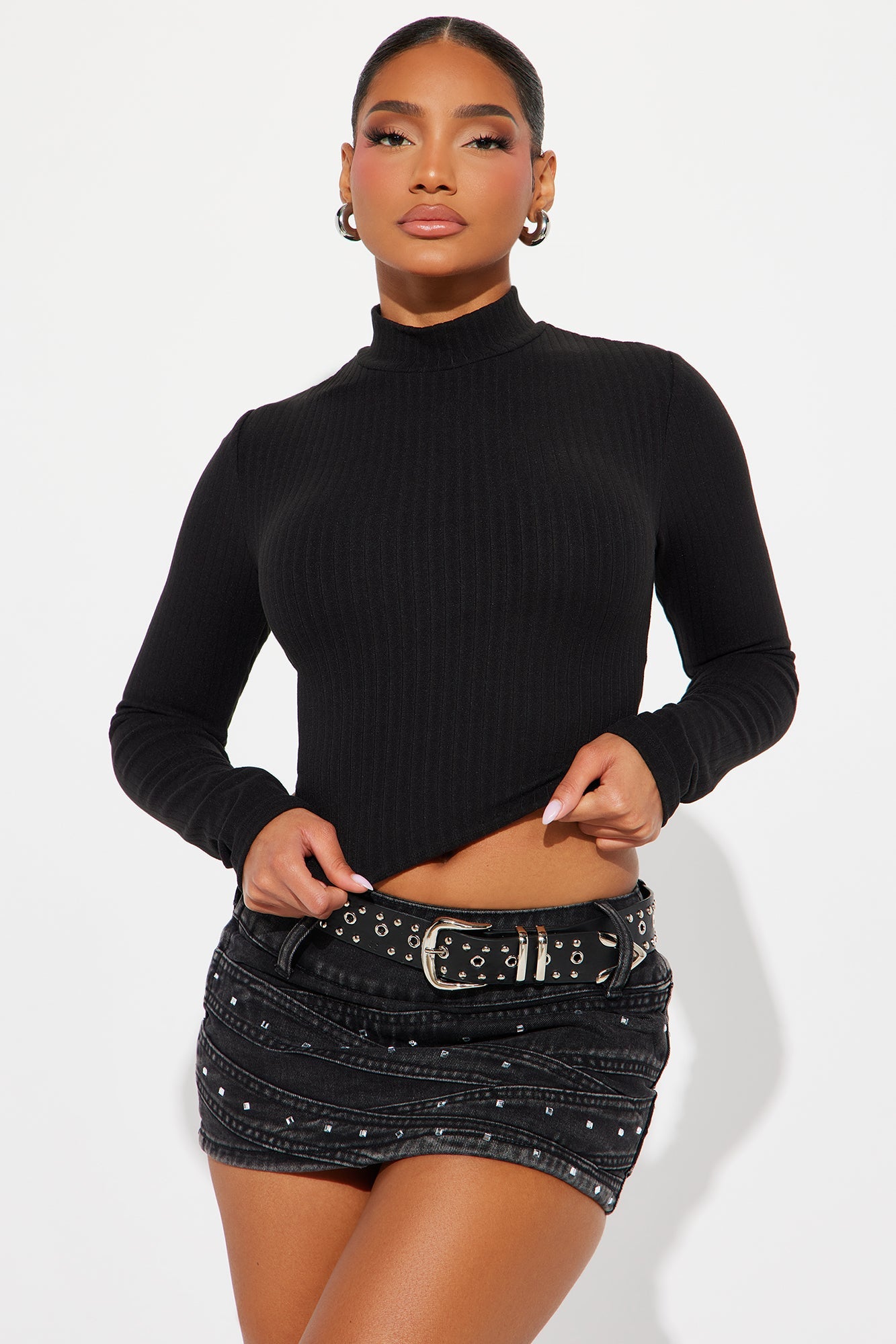 Daniella Mock Neck Long Sleeve Top - Black