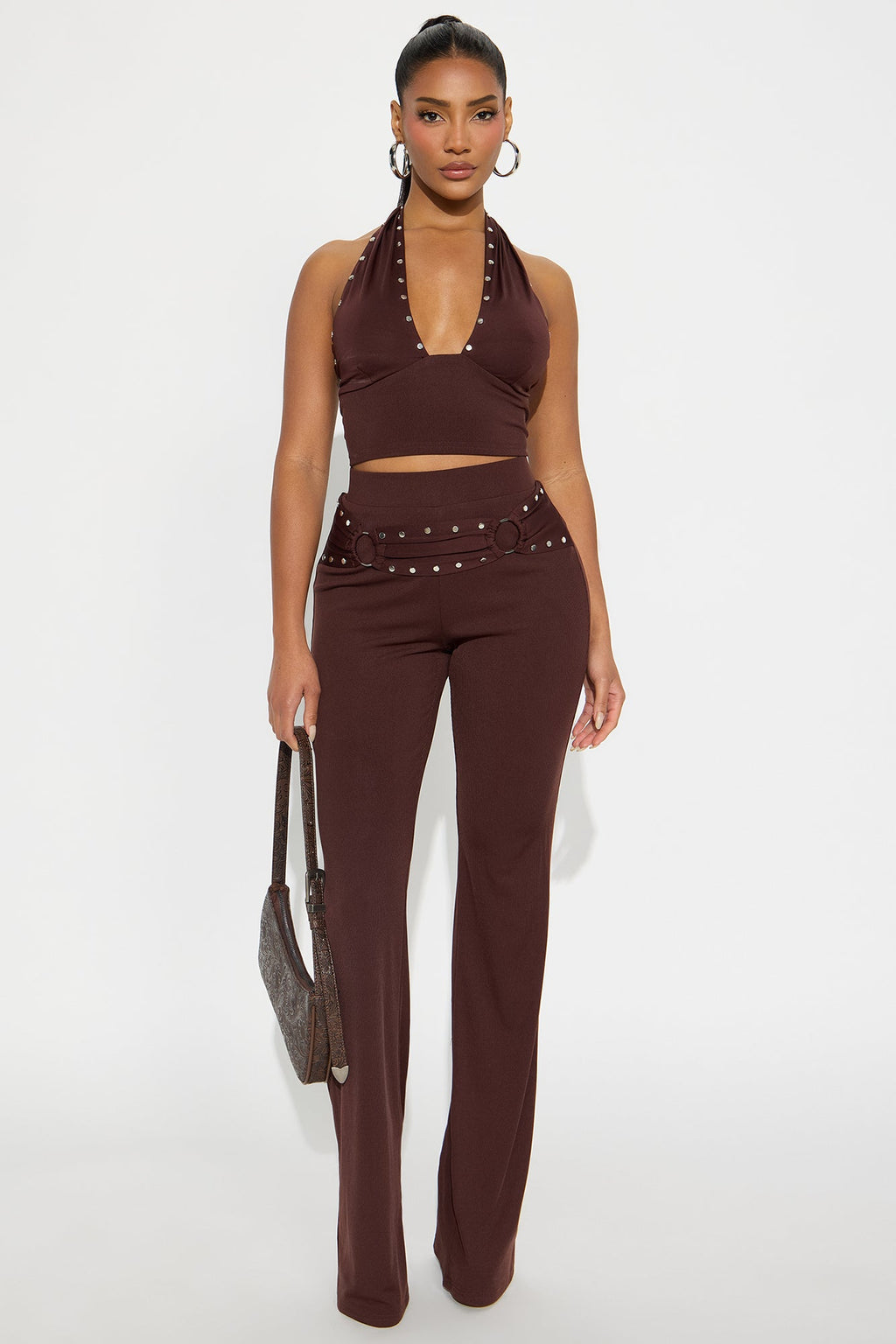 Studded Behavior Ribbed Pant Set - Brown