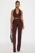 Studded Behavior Ribbed Pant Set - Brown