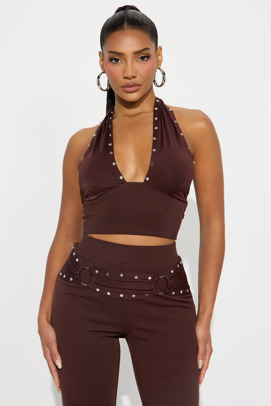Studded Behavior Ribbed Pant Set - Brown