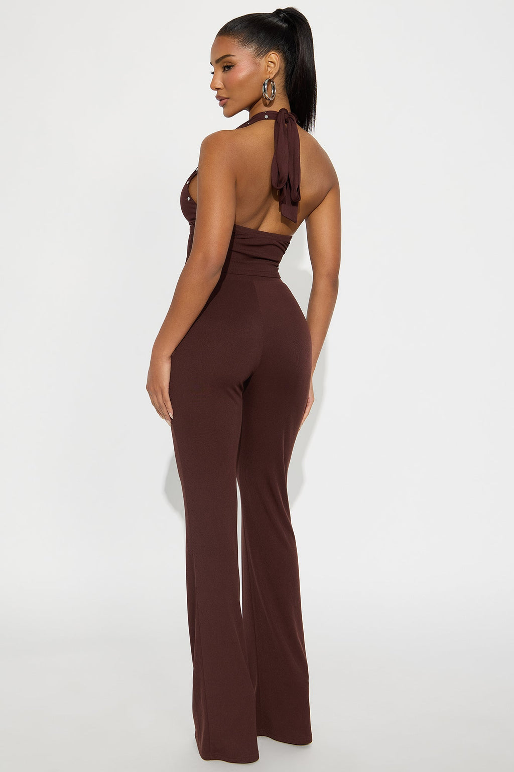 Studded Behavior Ribbed Pant Set - Brown