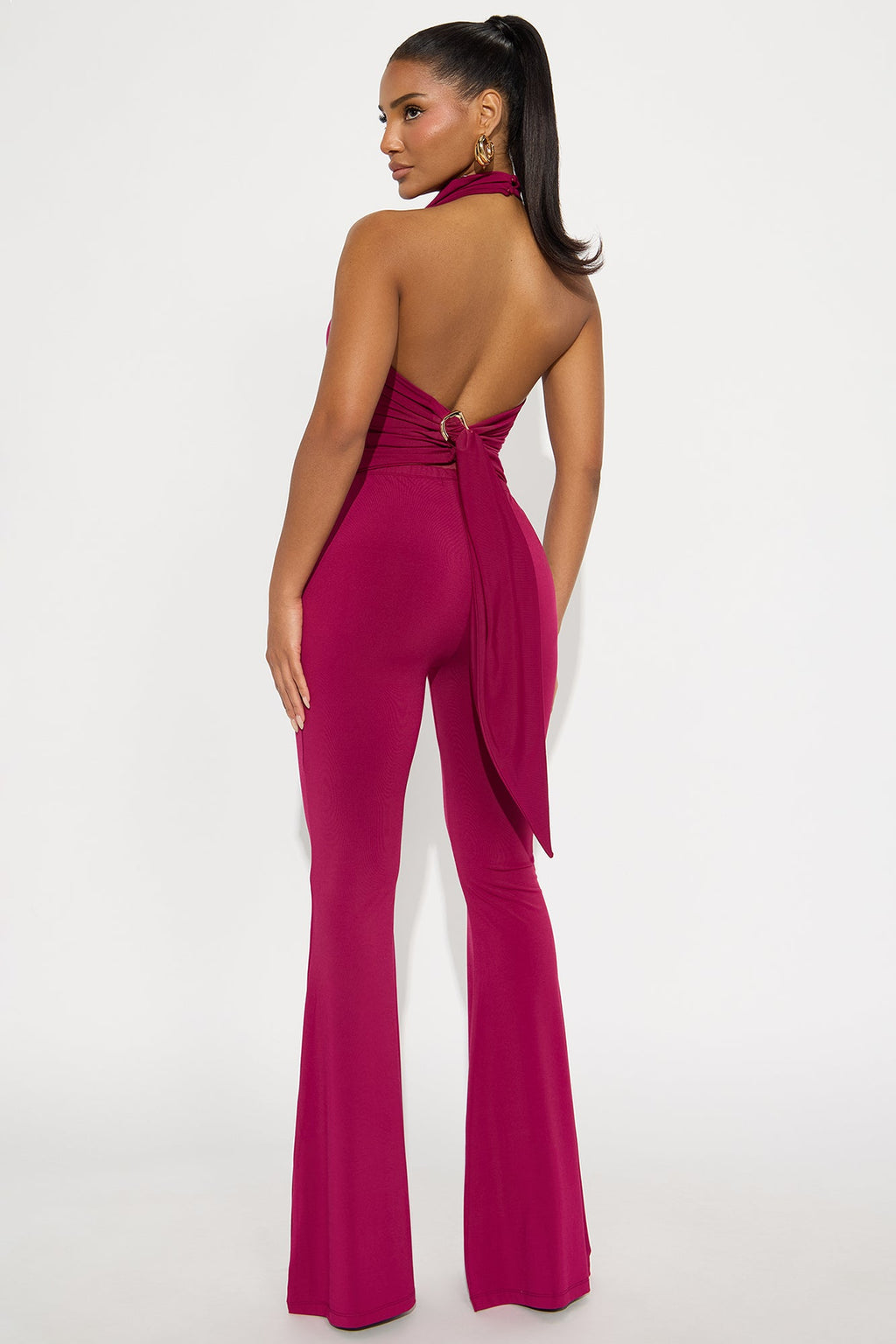 Alana Venezia Halter Top Flare Leg Pant Set - Burgundy