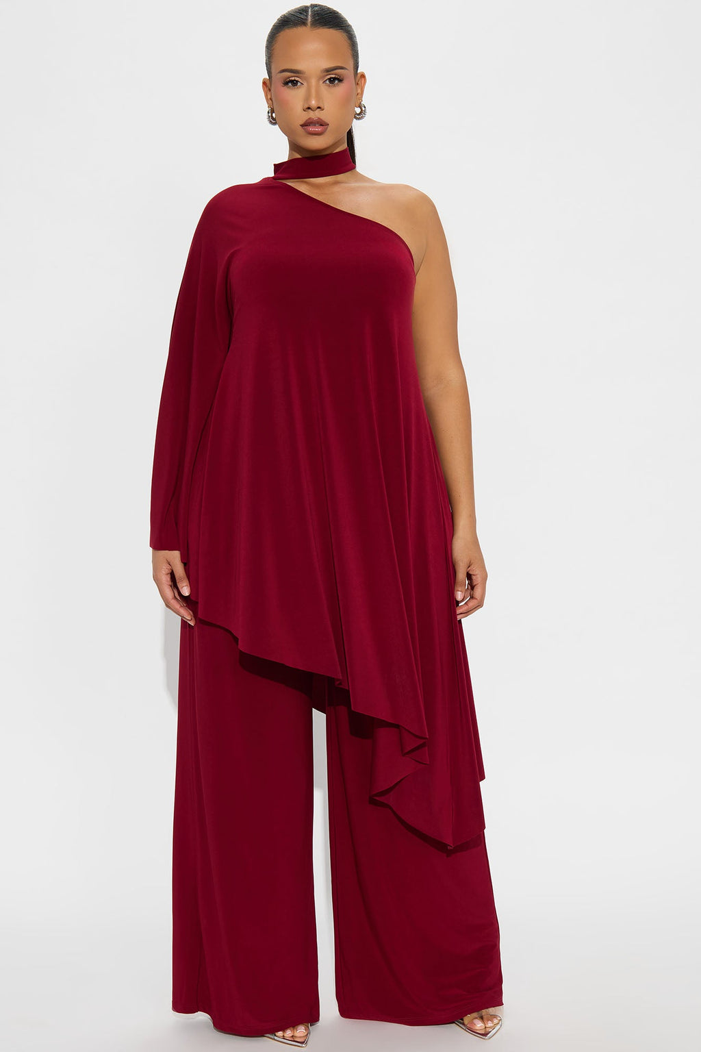 Draped Devotion One Shoulder Pant Set  - Burgundy