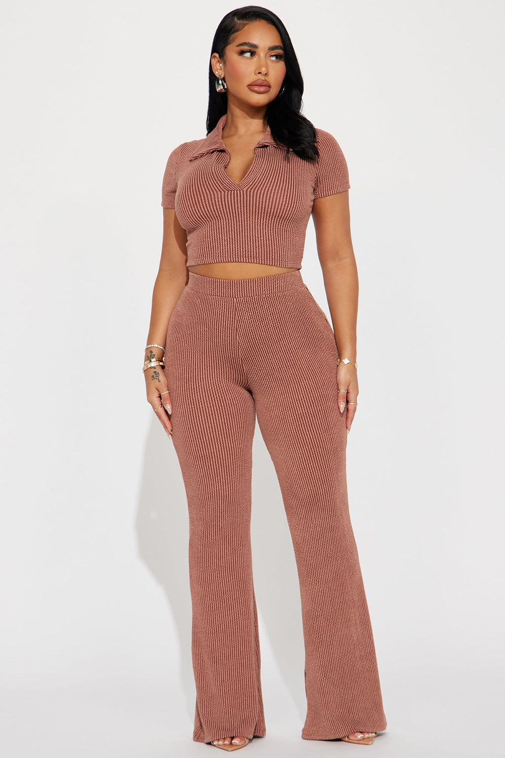 Josie Ribbed Pant Set - Chocolate