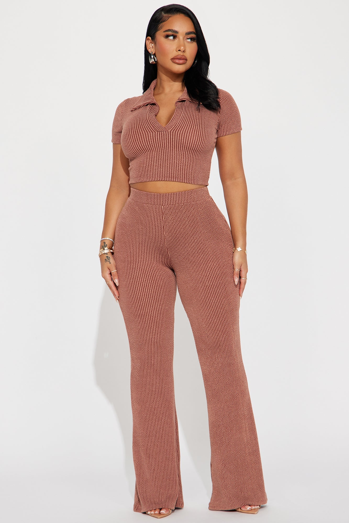 Josie Ribbed Pant Set - Chocolate