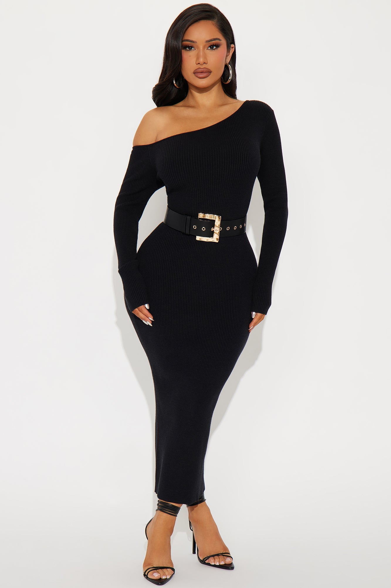 Brianna Belted Sweater Midi Dress - Black