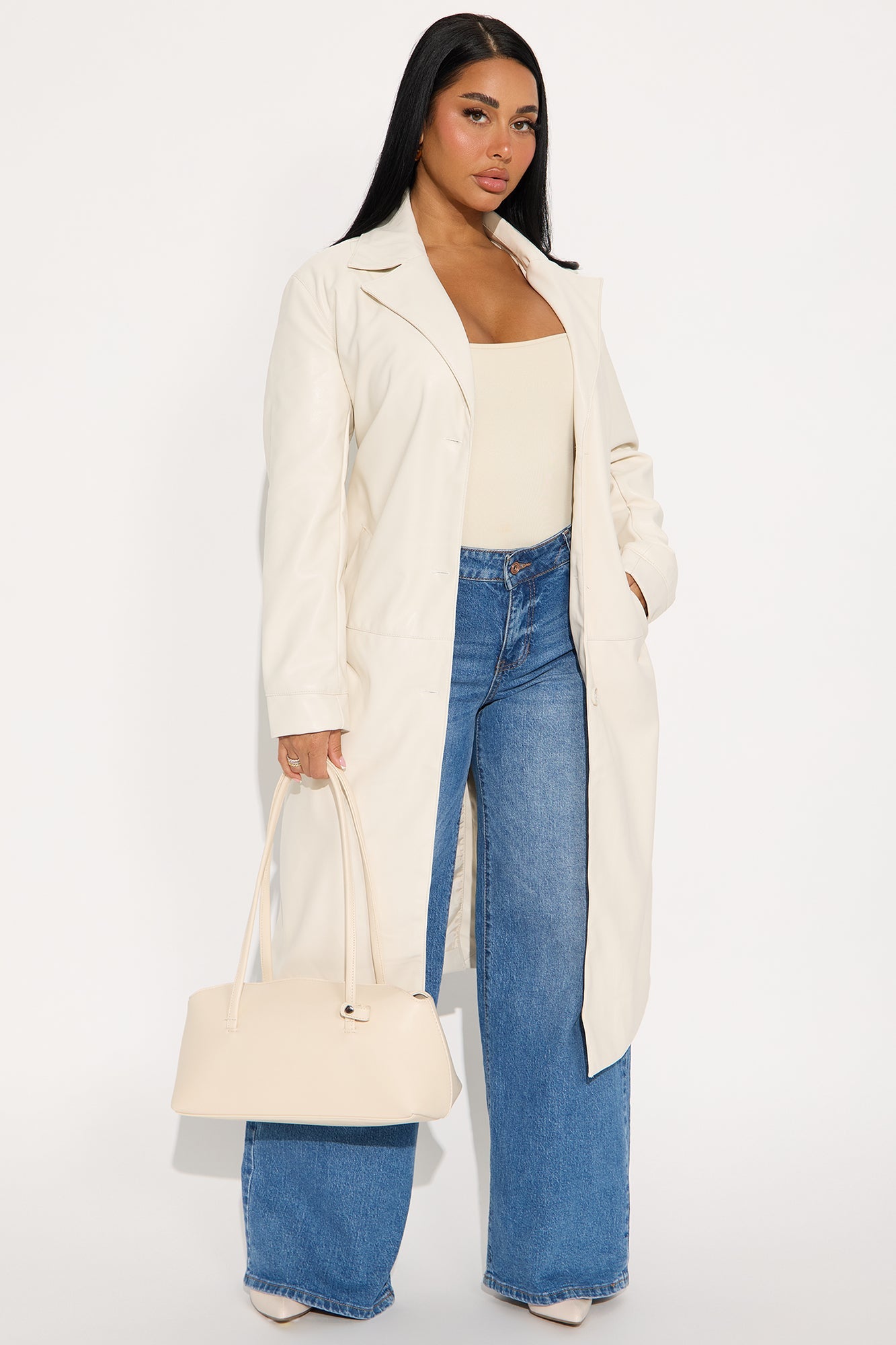 Camila Belted Faux Leather Trench - Ivory